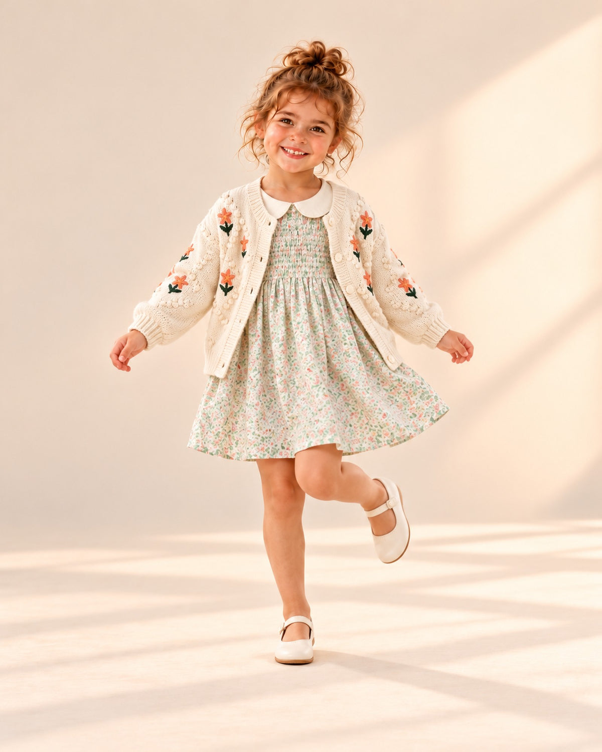 Girl at play in the smocked dress with a cream Peter Pan collar, styled with the embroidered flower knit cardigan – Sage Floral