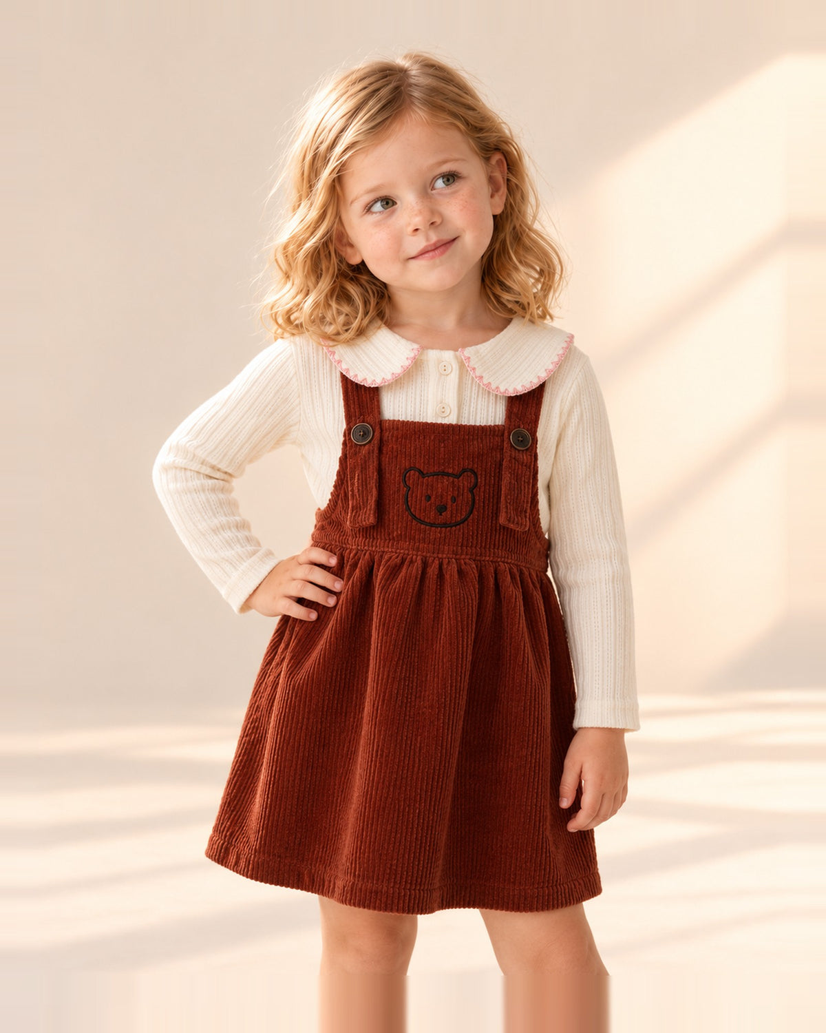 Cream rib knit top with a rounded collar edged in pink scallop stitching