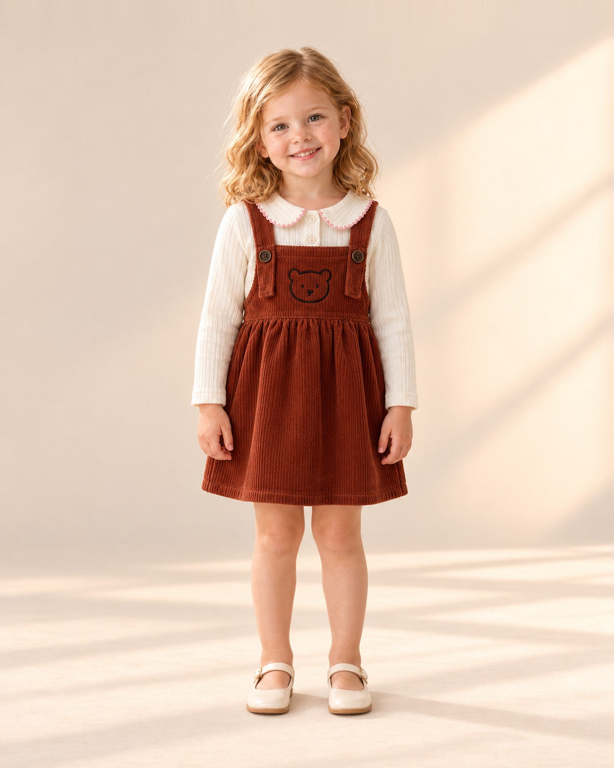 Front view of a girl in the cream collar rib top under a rust teddy corduroy pinafore, full length – Cream