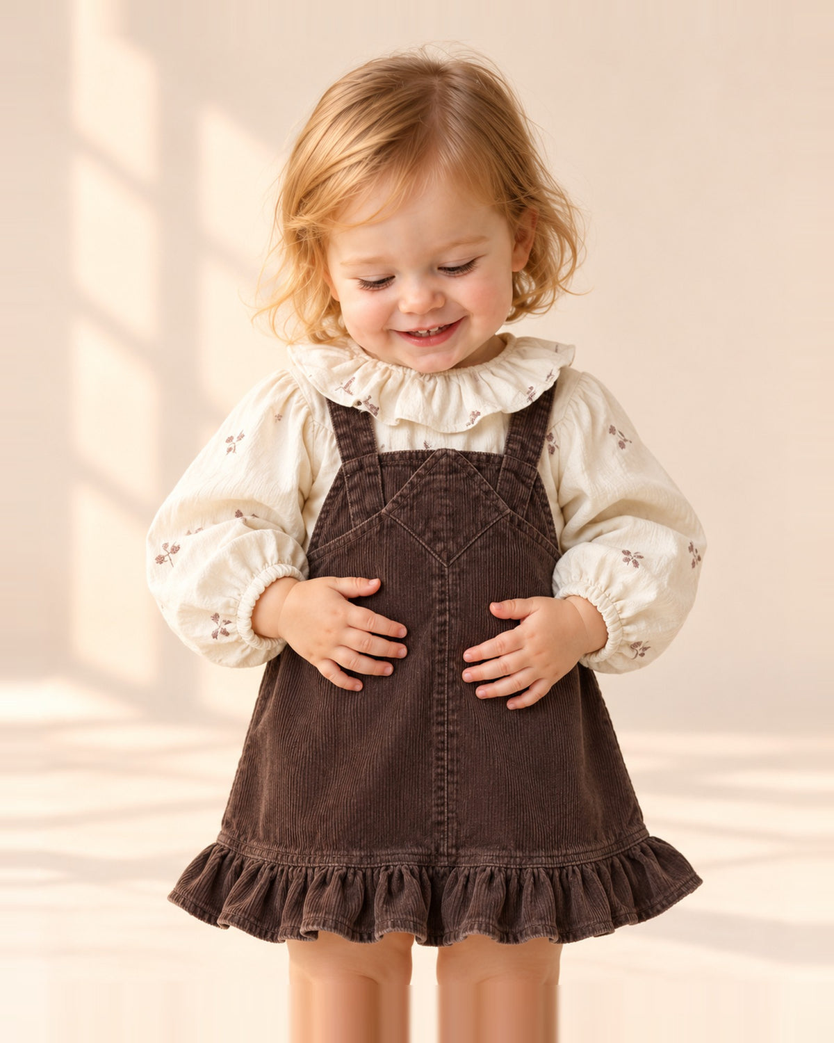 Cream cotton toddler blouse with a ruffled collar and small embroidered lilac flowers