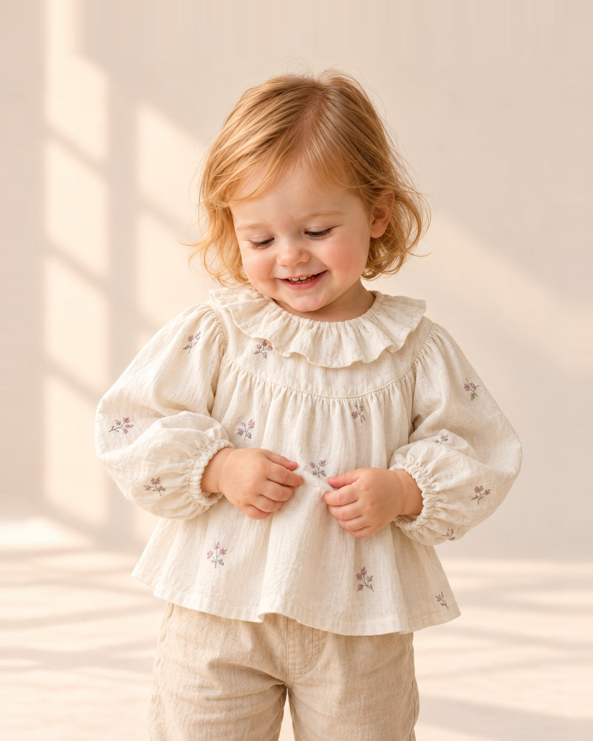 Cream cotton toddler blouse with a ruffled collar and small embroidered lilac flowers