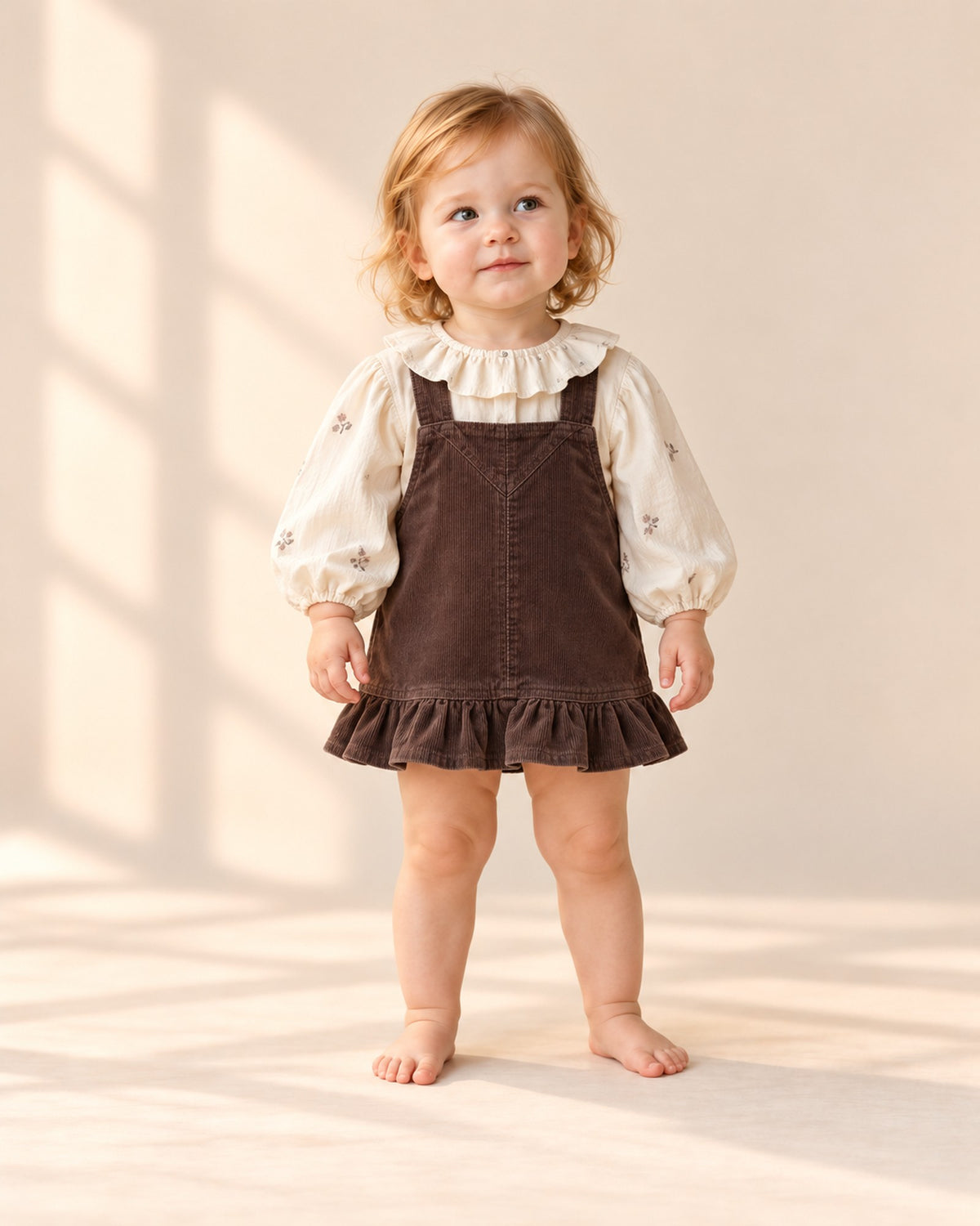 Front view of a toddler girl in the cream ruffle blouse under a ruffle hem corduroy pinafore, full length – Cream
