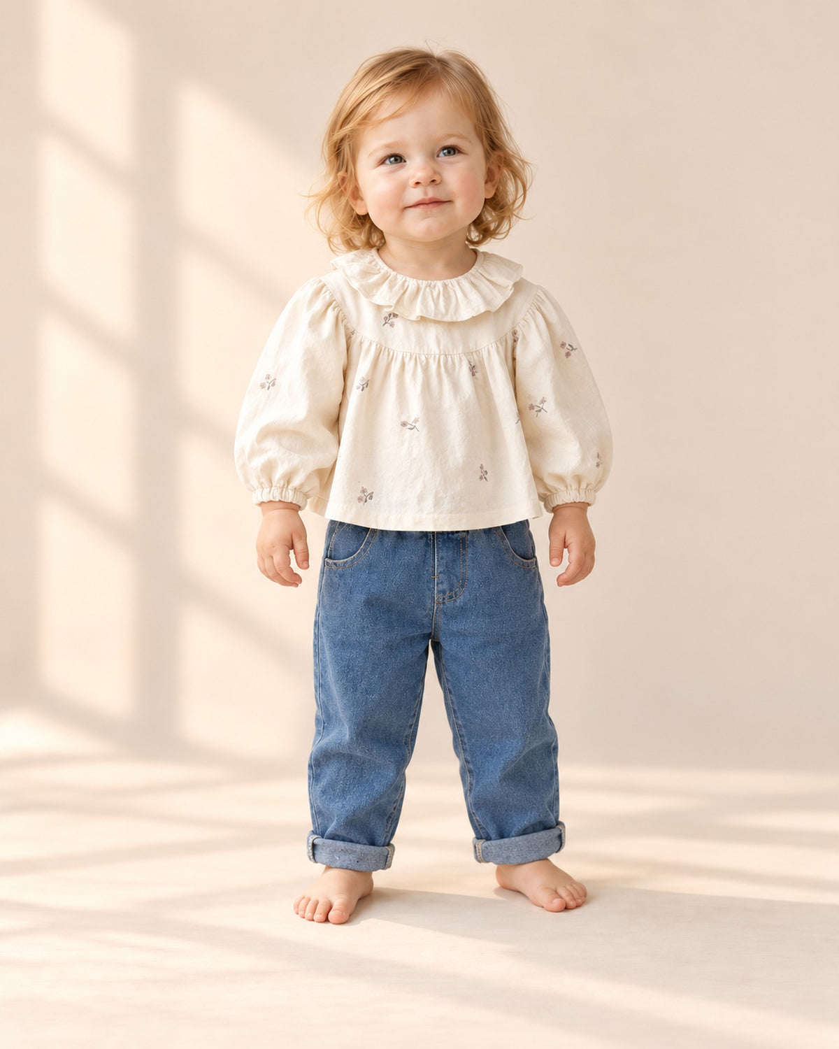 Front view of a toddler in the cream ruffle blouse with baby jeans, full length – Cream