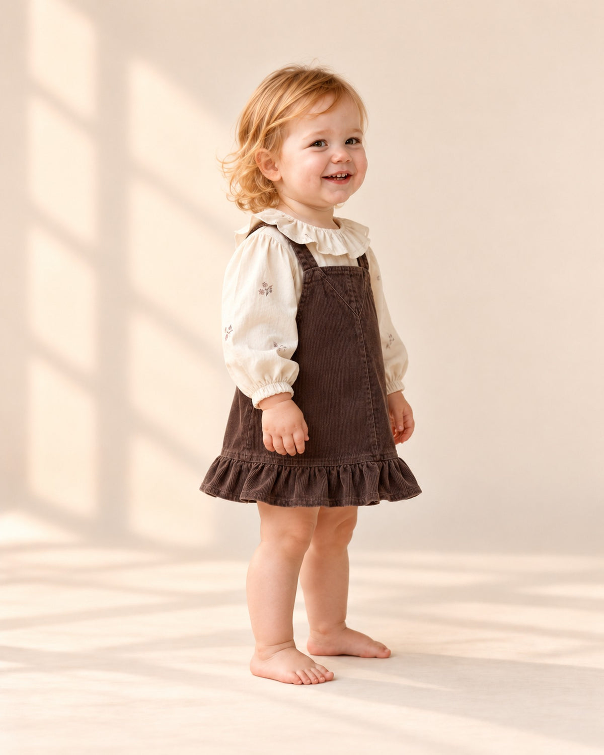 Side view of the puffed blouse sleeve gathered at the wrist under the pinafore – Cream
