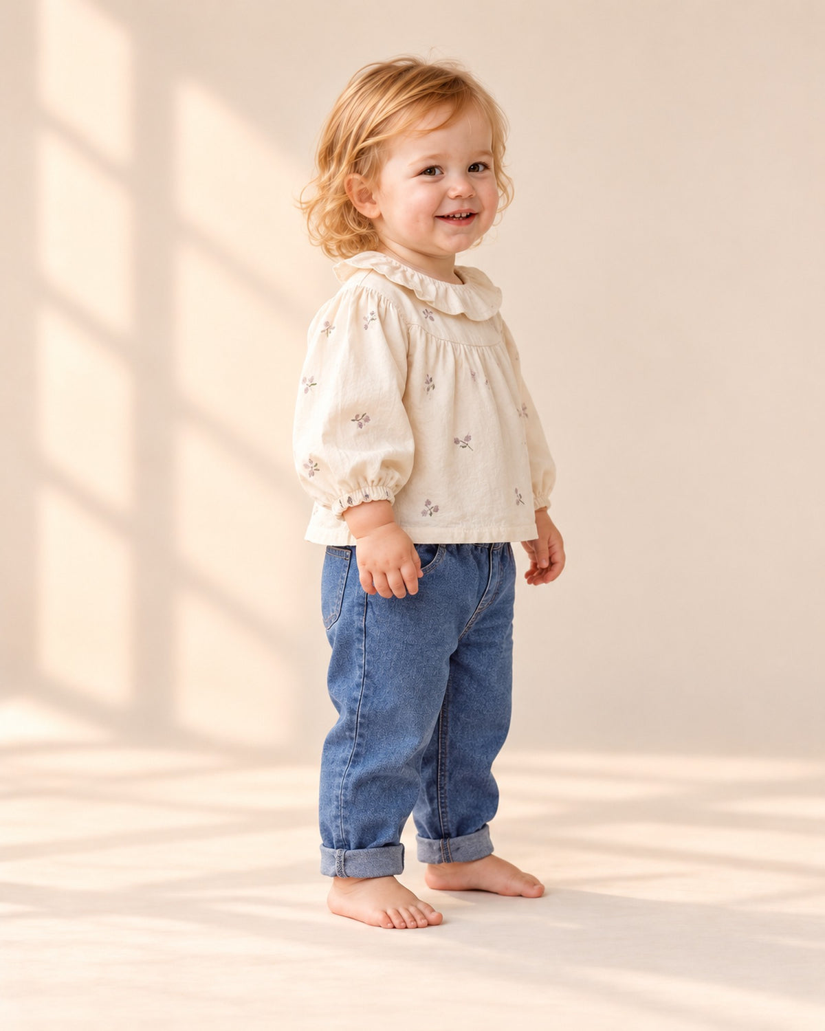 Side view of the cream ruffle blouse showing the puffed sleeve gathered at the wrist, worn with baby jeans – Cream