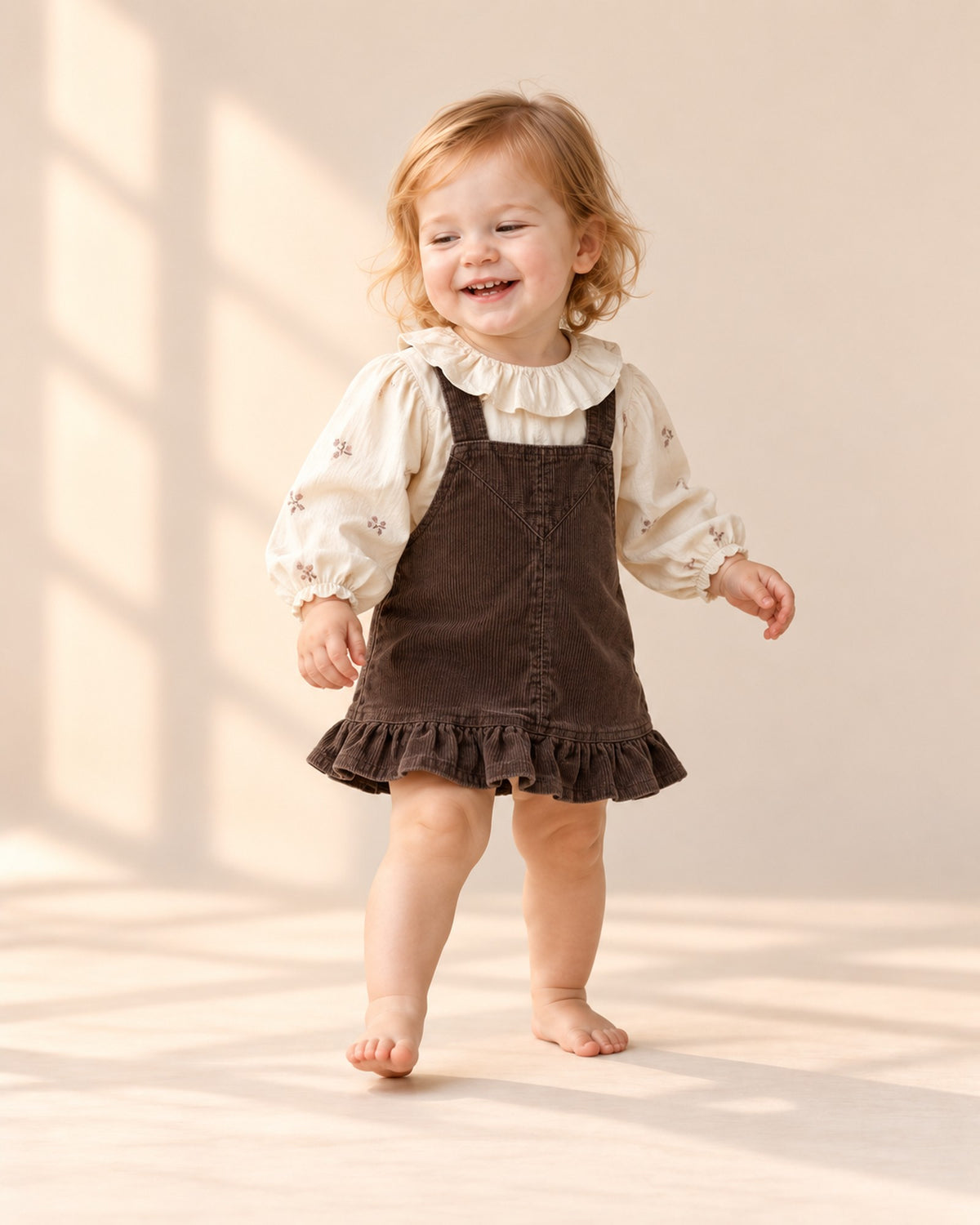 Toddler in the corduroy pinafore with the cream ruffle collar showing, head to toe – Cream