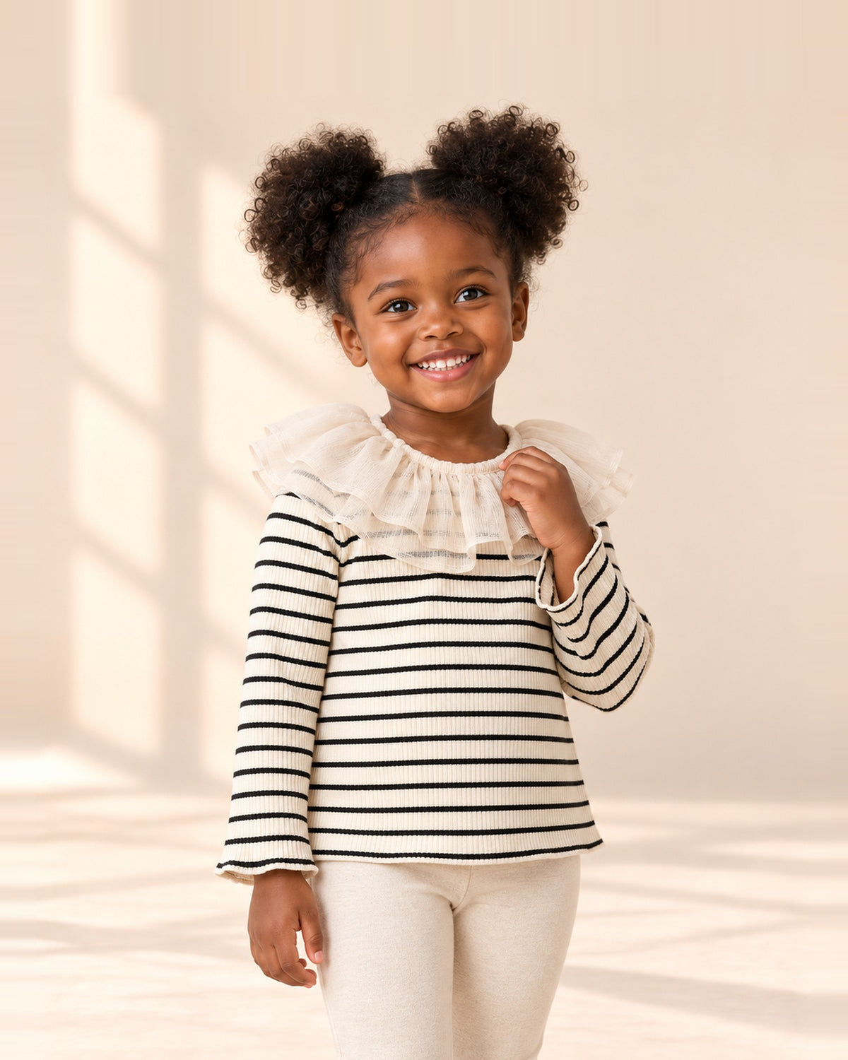 Black and cream striped top with a wide sheer ruffle collar – Black Stripe