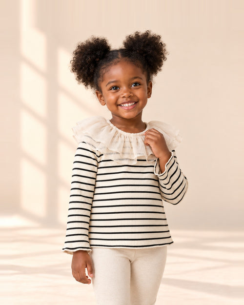 Black and cream striped top with a wide sheer ruffle collar – Black Stripe
