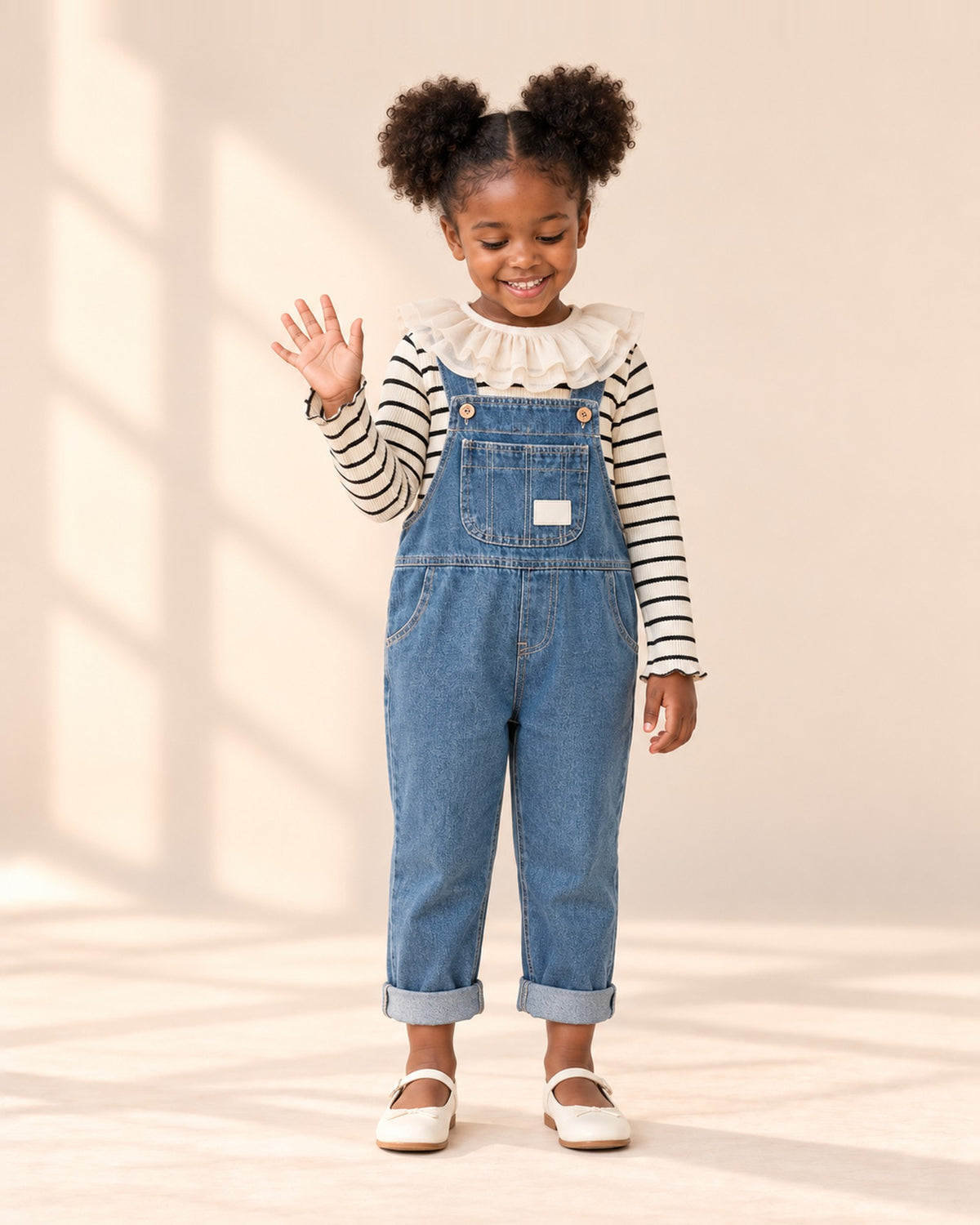 Front view of a girl in the striped ruffle collar top under classic denim overalls, full length – Black Stripe