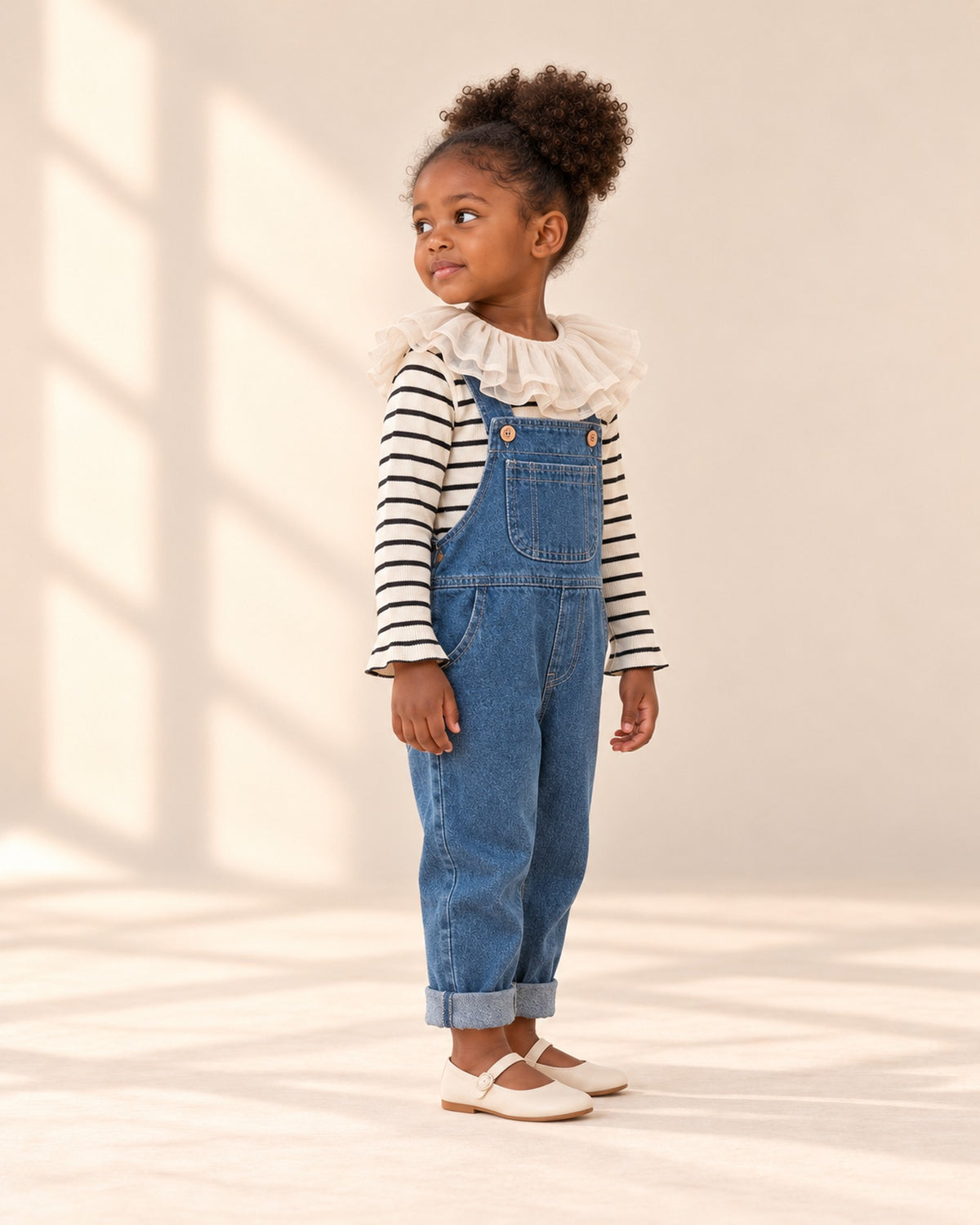 Side view showing the striped sleeve and ruffle collar with the denim overalls – Black Stripe