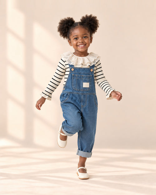 Girl in denim overalls and the black and cream striped top, head to toe – Black Stripe