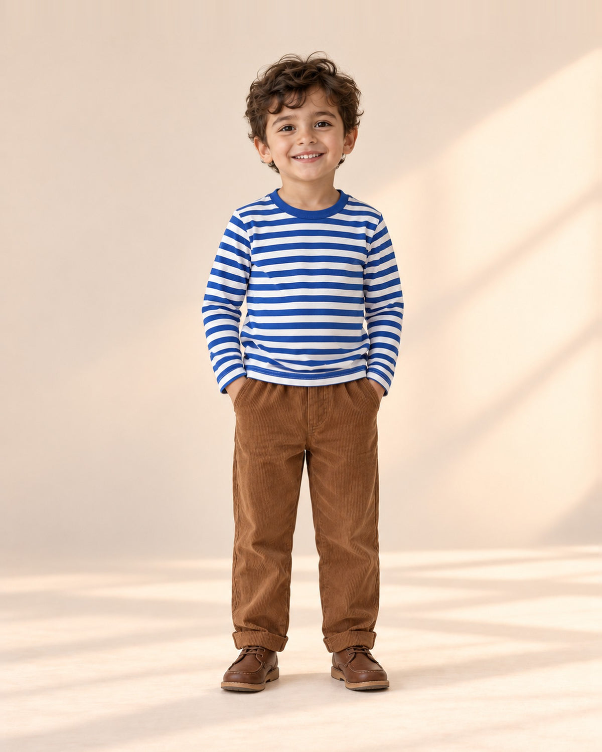 Full-length front view of the long-sleeve striped tee, paired with the corduroy pull-on pants – Blue Stripe