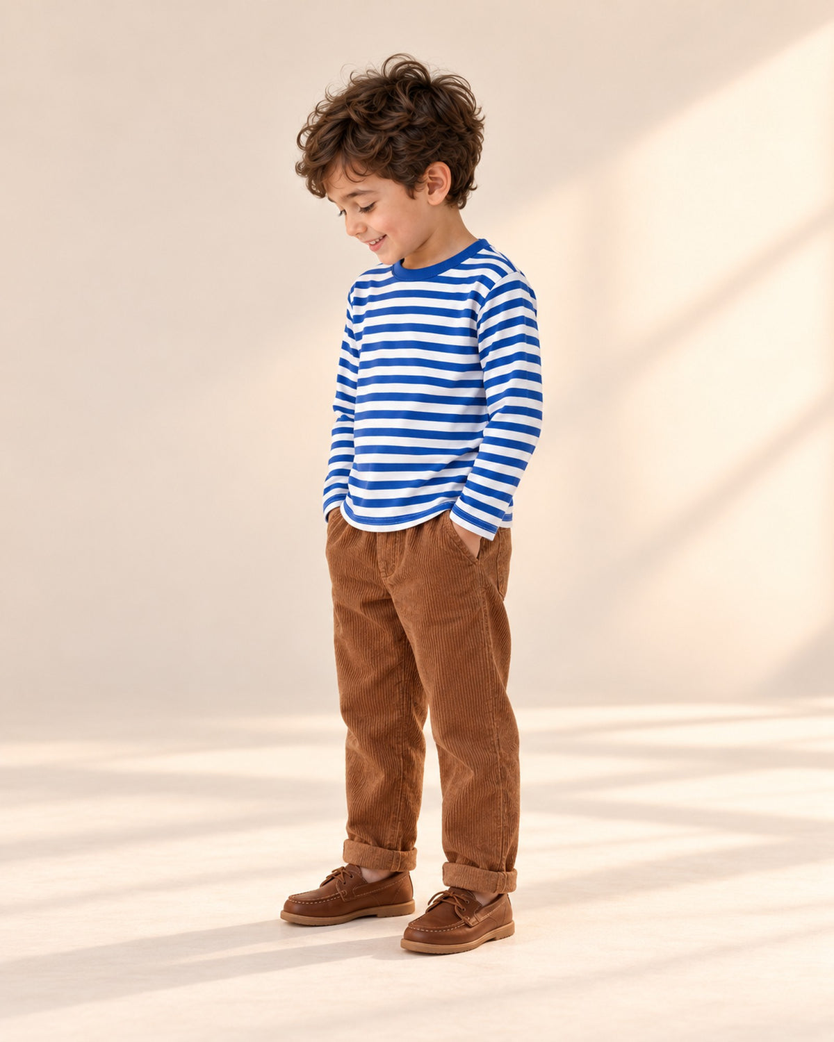 Side view of the long-sleeve striped tee worn with the corduroy pull-on pants – Blue Stripe