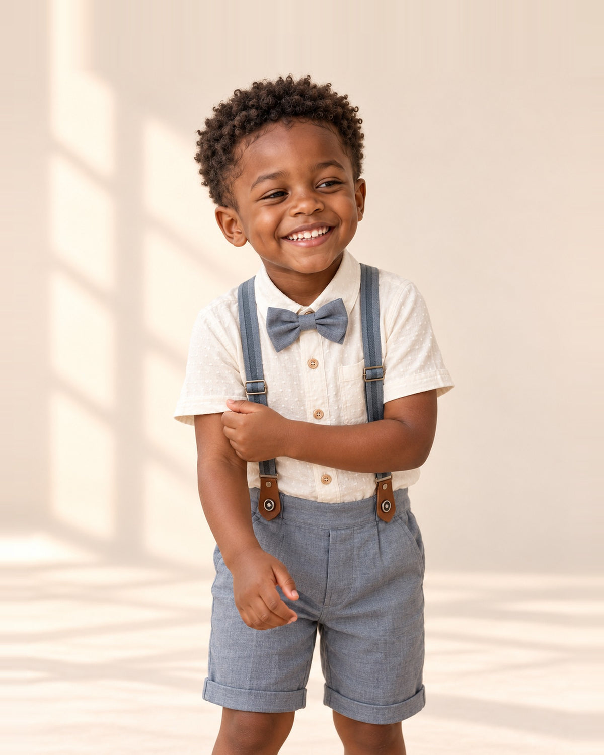 Boy in the Henry suspender set with an ivory shirt and gray bow tie – Ivory & Grey