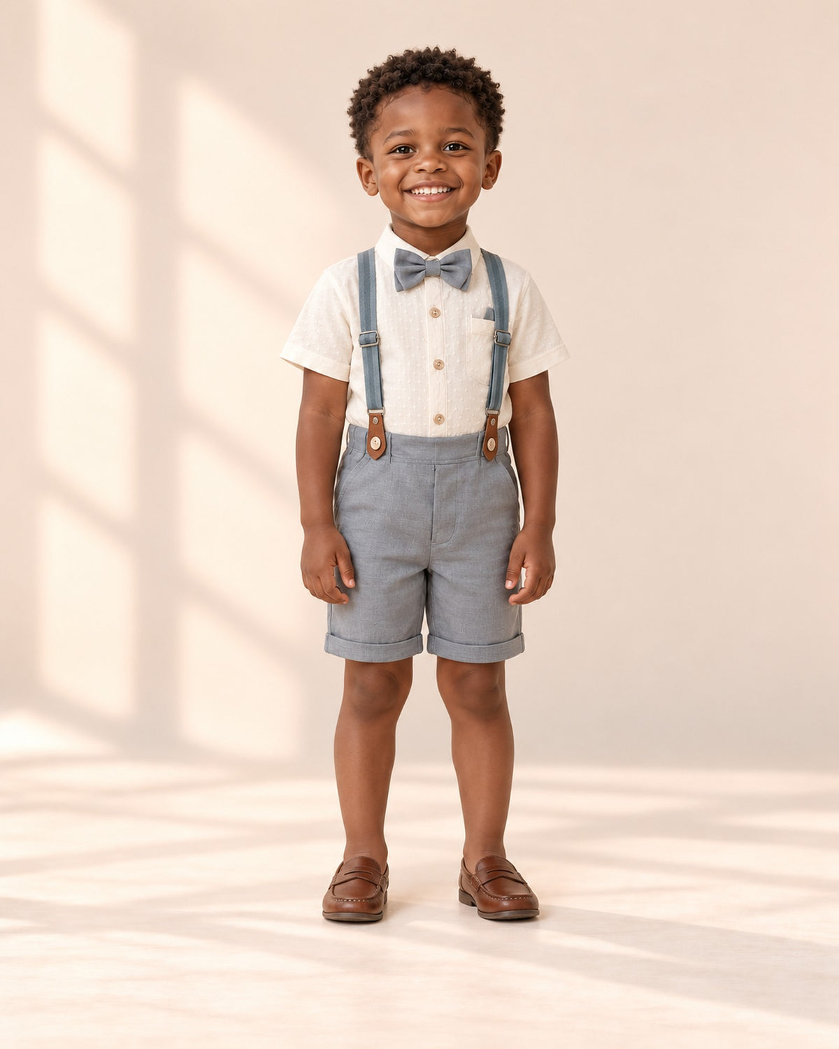 Front view of the bow tie and suspender set, full length – Ivory & Grey