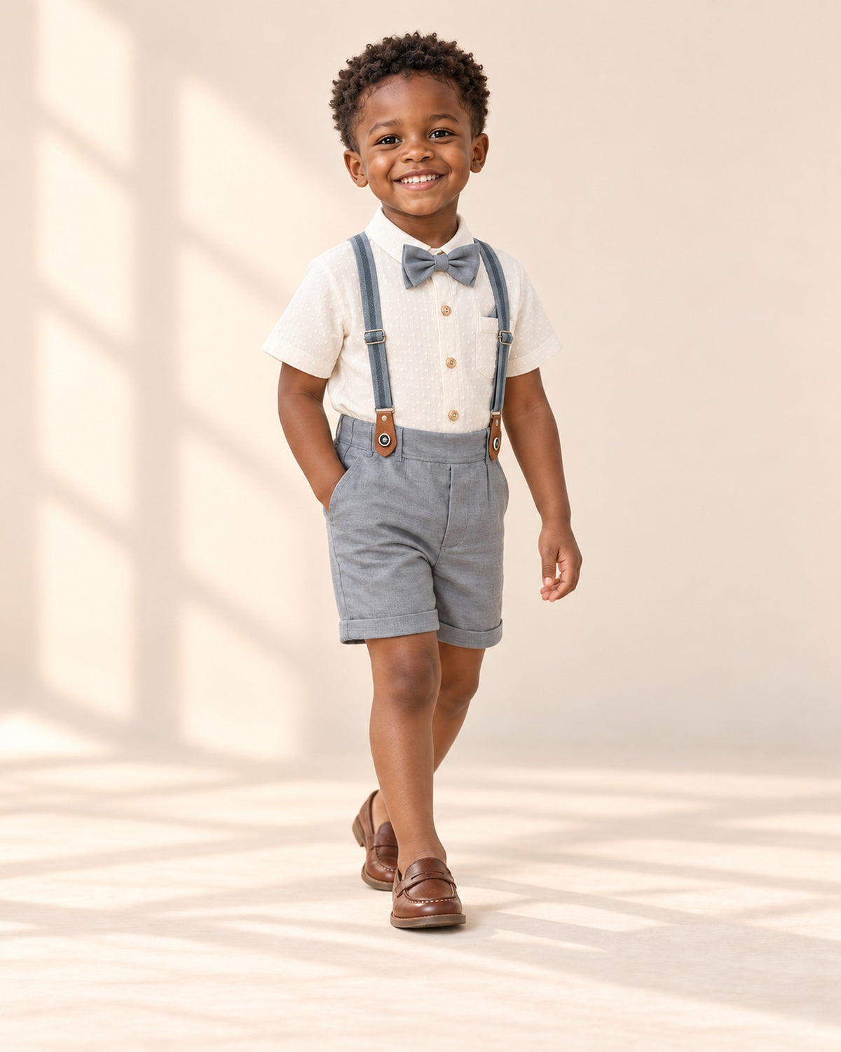 Boy smiling in the ivory shirt, suspenders and shorts – Ivory & Grey
