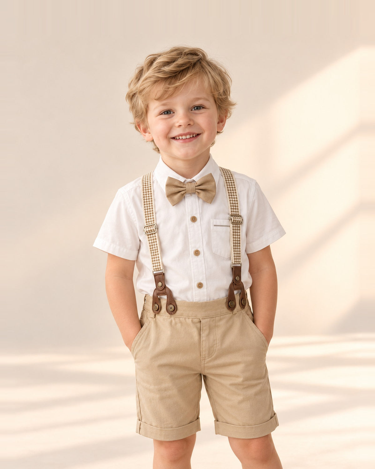 Boy smiling in the Freddie white shirt, bow tie, suspenders and khaki shorts – Khaki