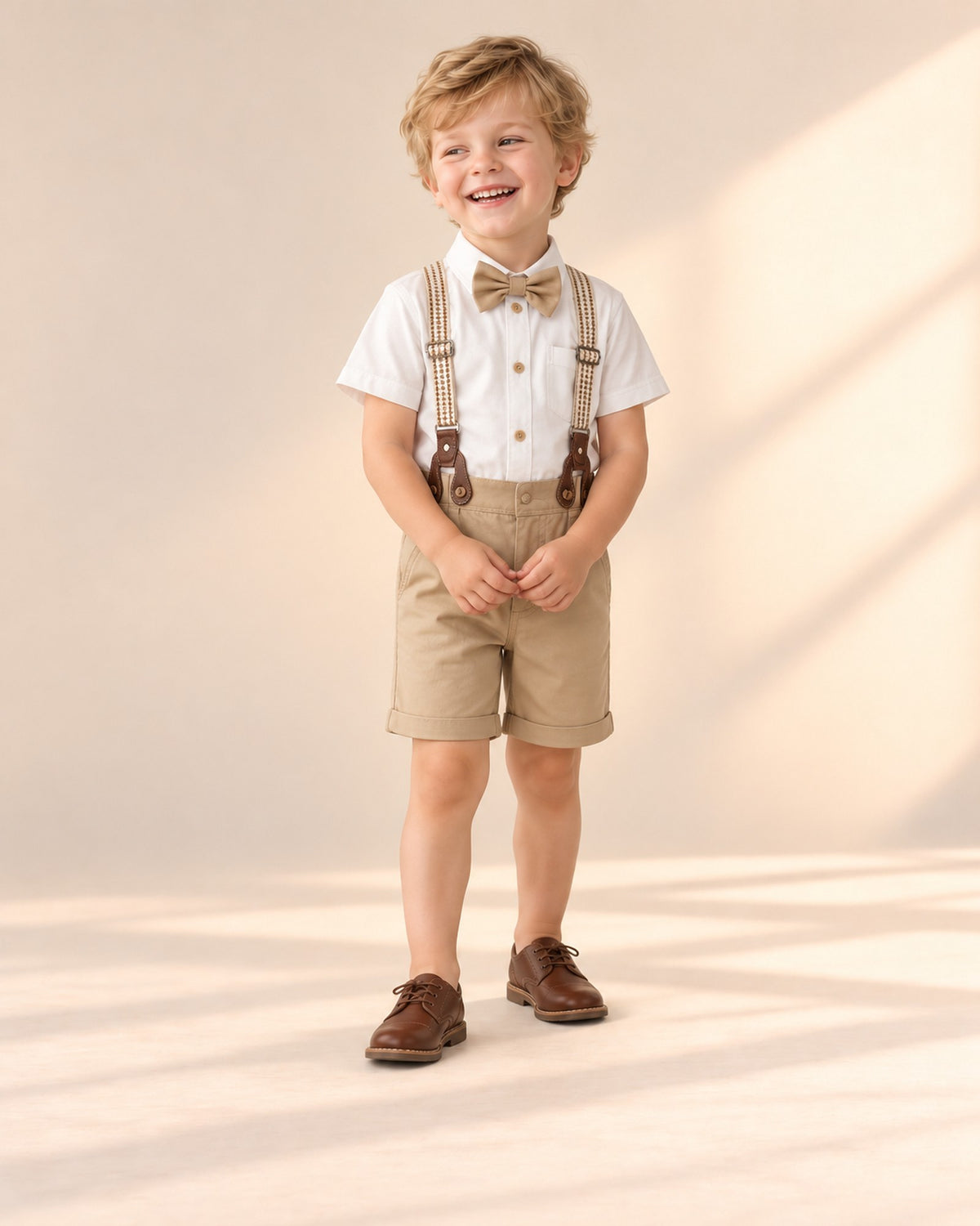 Front view of the khaki bow tie and suspender set, full length – Khaki