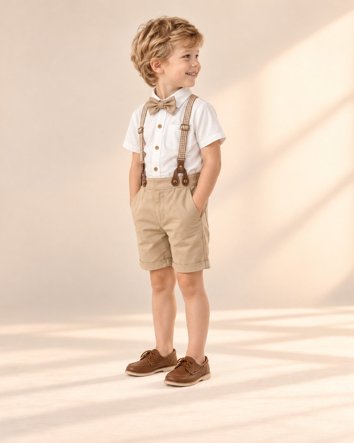 Side view of the set with hands in the short pockets – Khaki