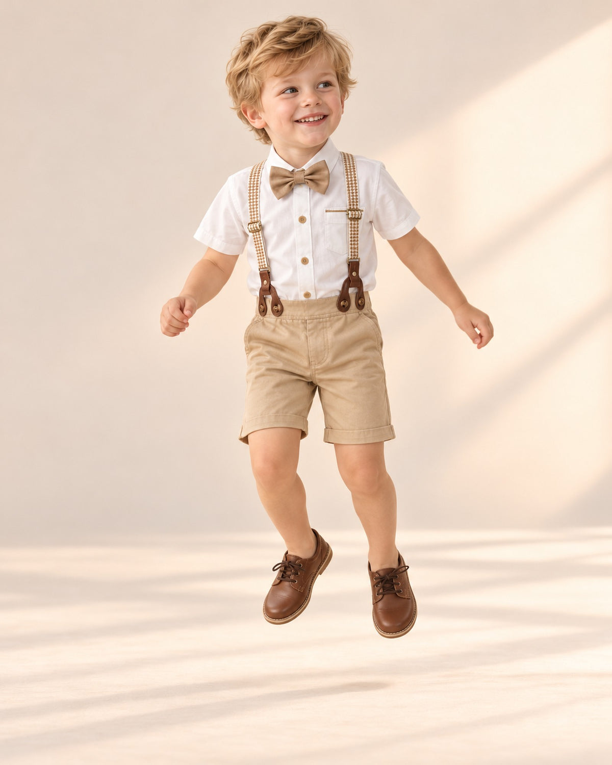 Boy jumping in the white shirt and khaki shorts set – Khaki
