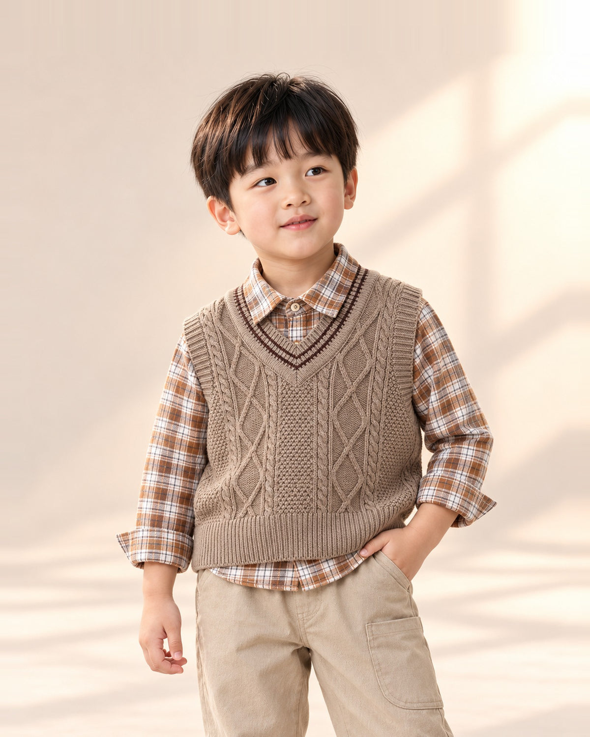 Boy in the Archie taupe cable vest over a check shirt with beige pants – Taupe