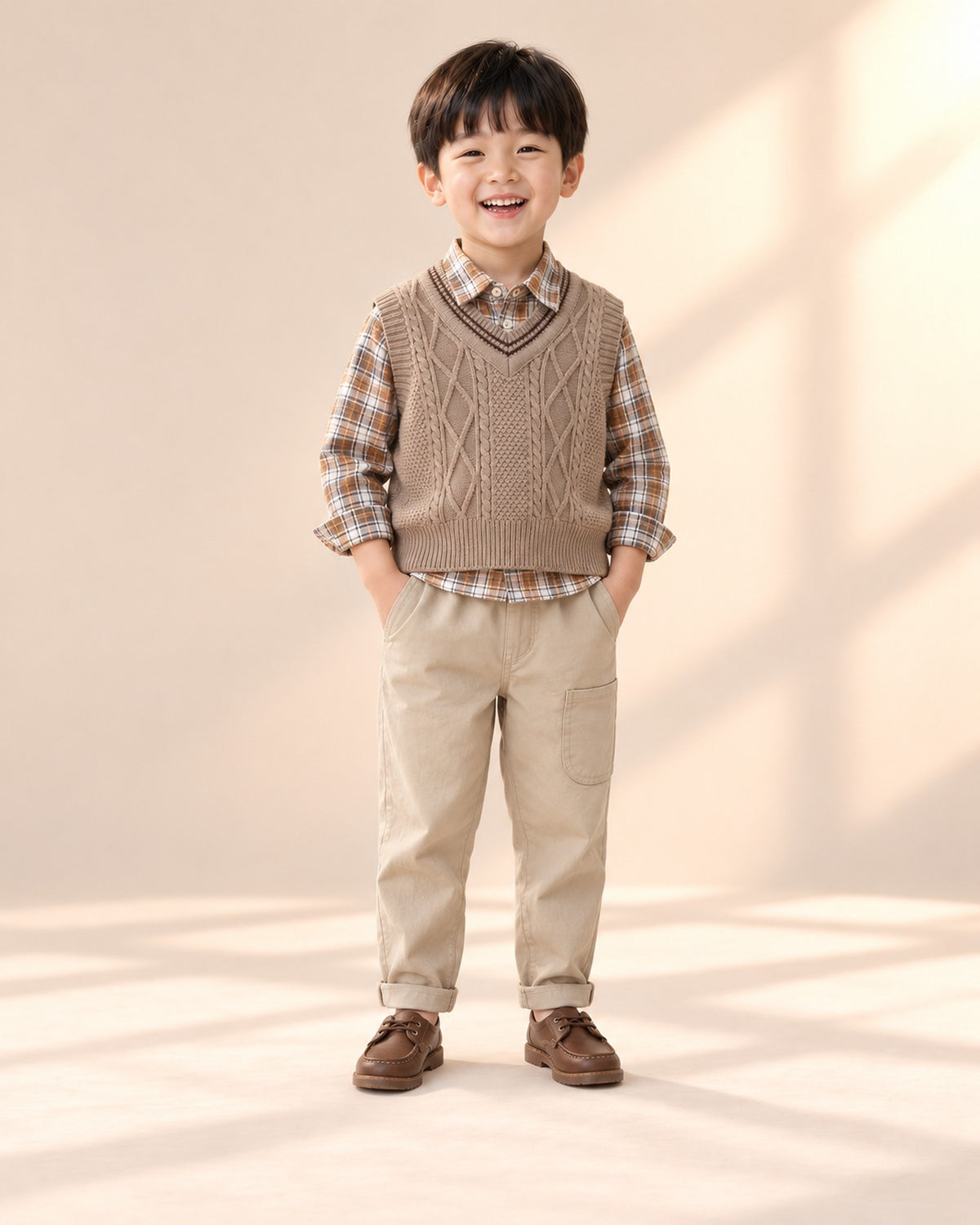 Front view of the cable vest and check shirt set – Taupe