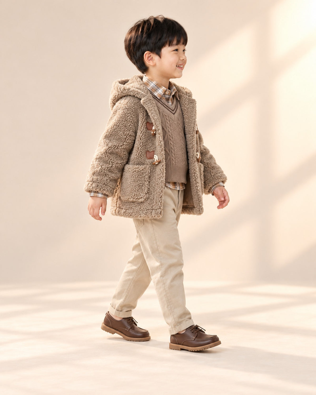 Side view of the cable vest and check shirt set worn with the teddy sherpa duffle coat – Taupe