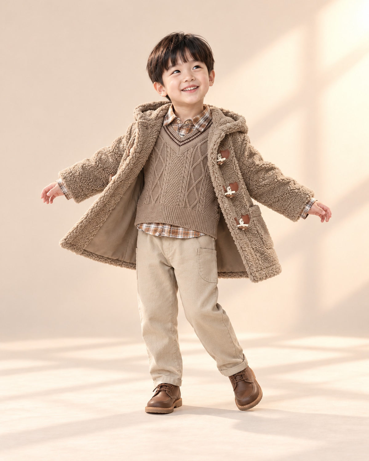 Boy at play in the cable vest and check shirt set, styled with the teddy sherpa duffle coat – Taupe