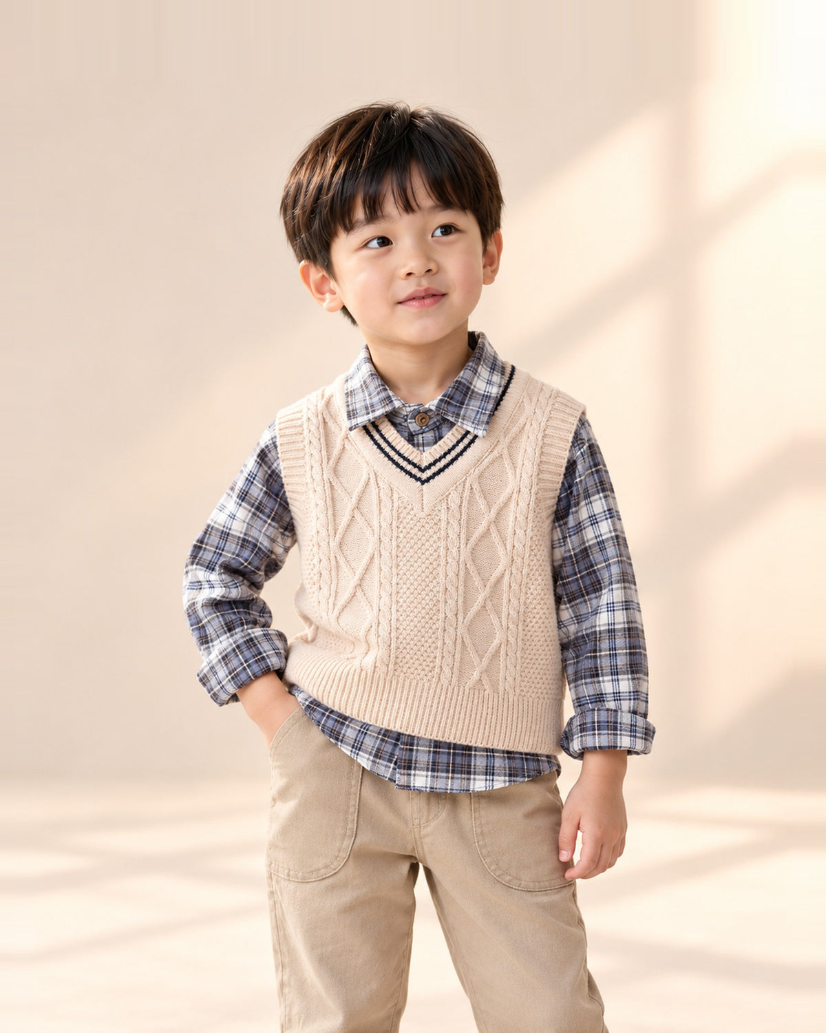 Archie Cable Vest & Check Shirt Set in Beige – main