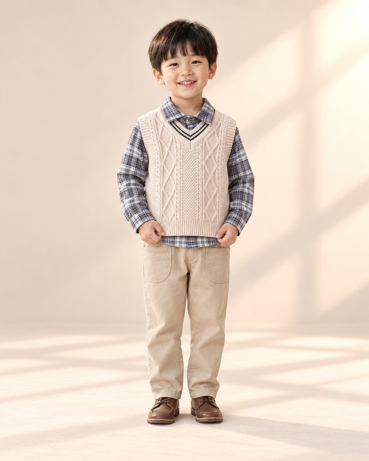 Archie Cable Vest & Check Shirt Set in Beige – full front view