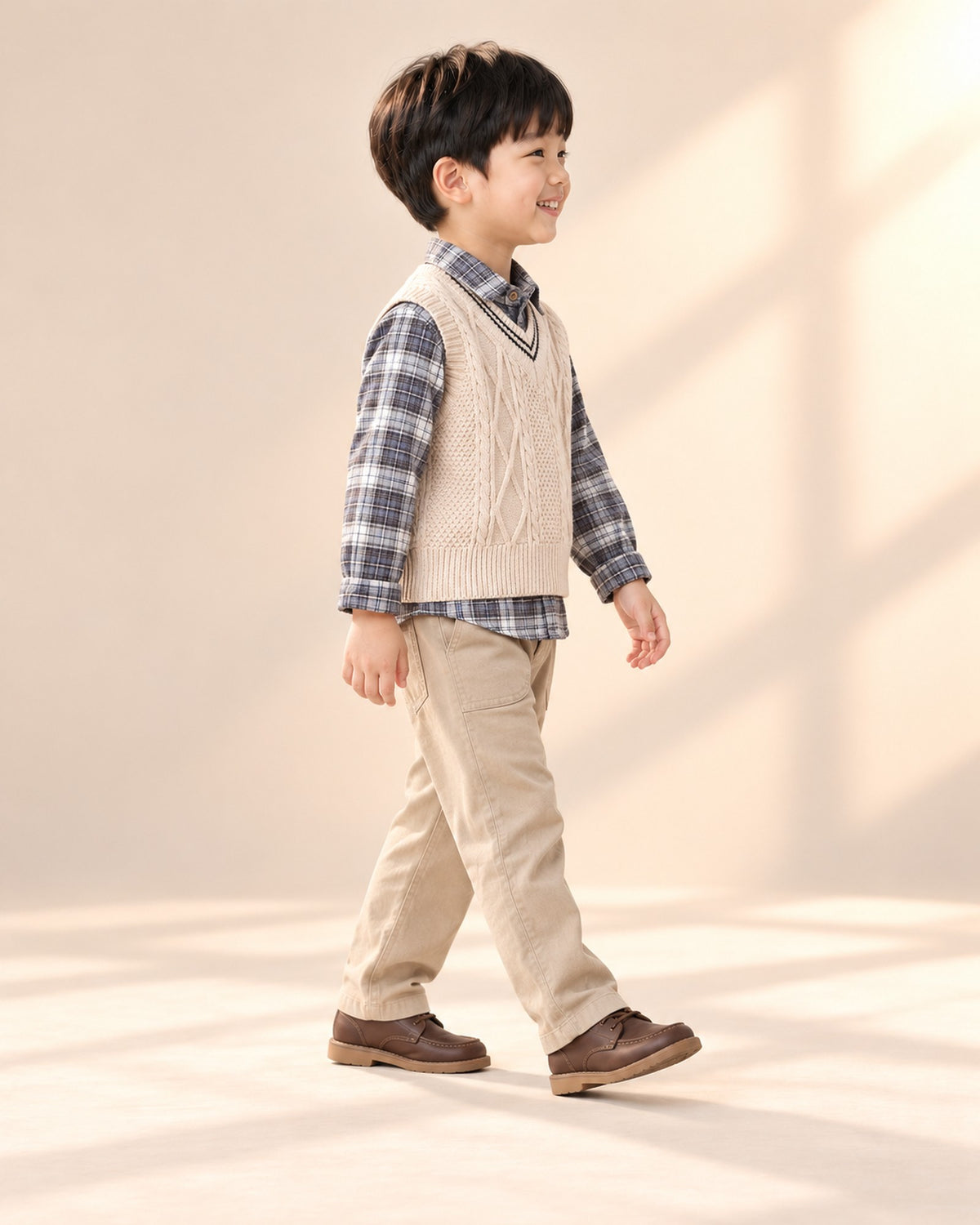 Archie Cable Vest & Check Shirt Set in Beige – side view