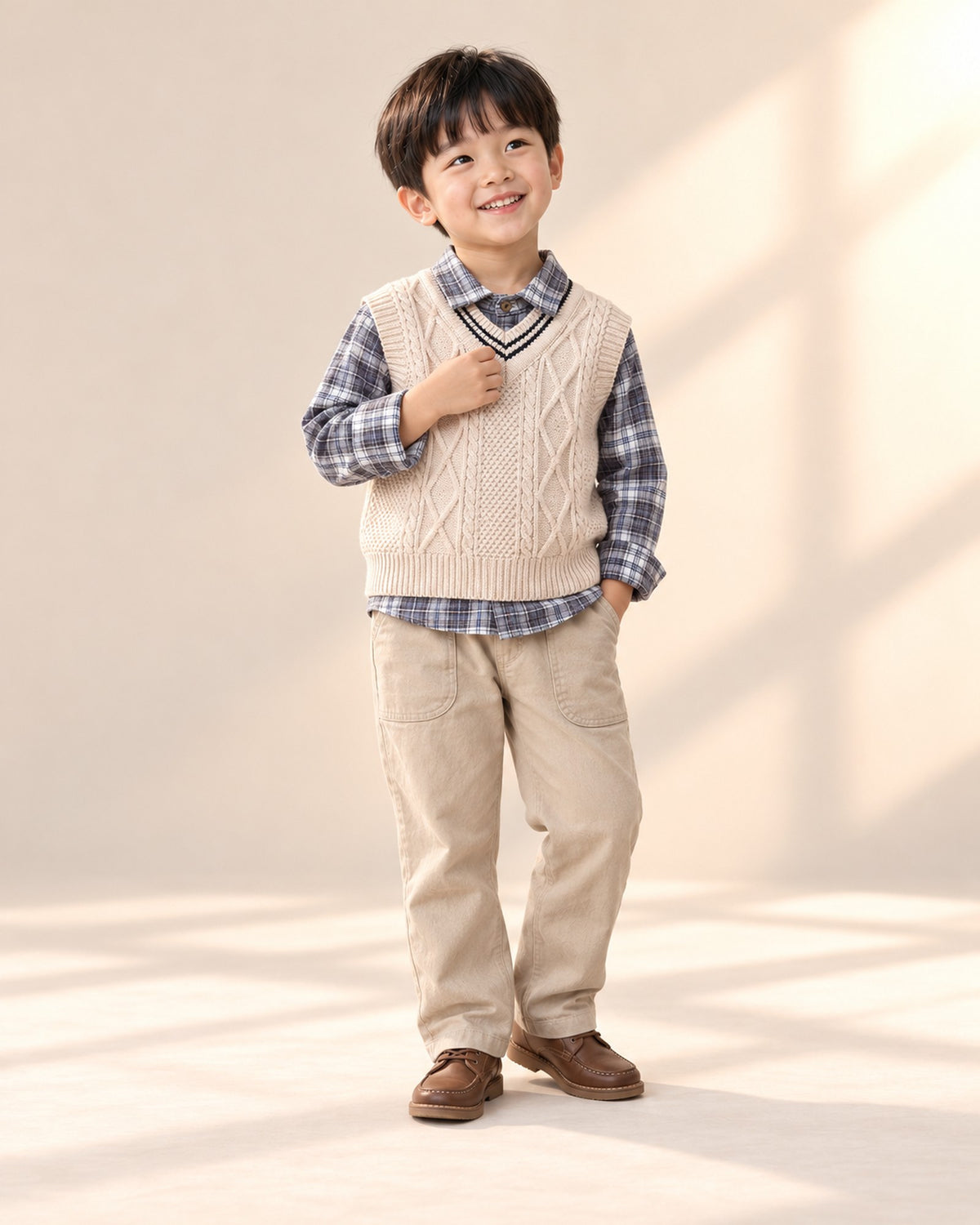 Archie Cable Vest & Check Shirt Set in Beige – natural pose