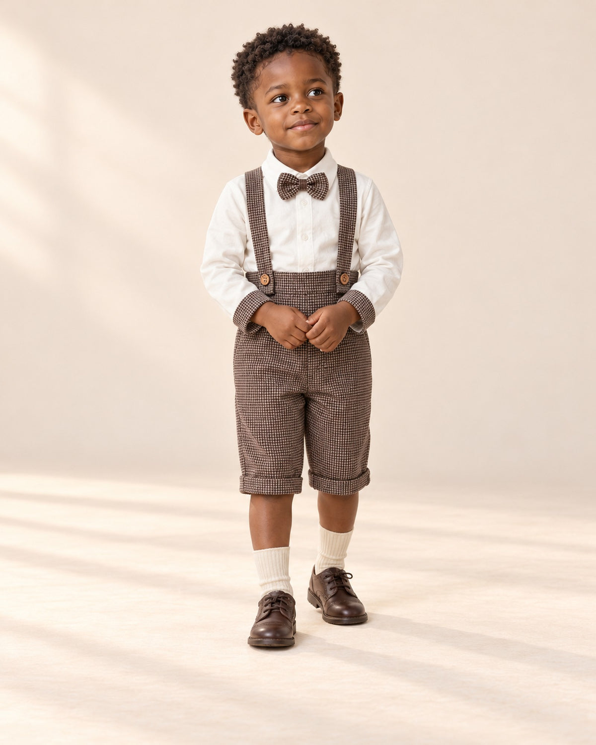 Front view of the houndstooth set under an open teddy coat – Brown Check