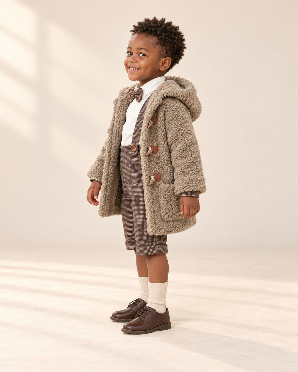 Side view of the set with the teddy coat – Brown Check