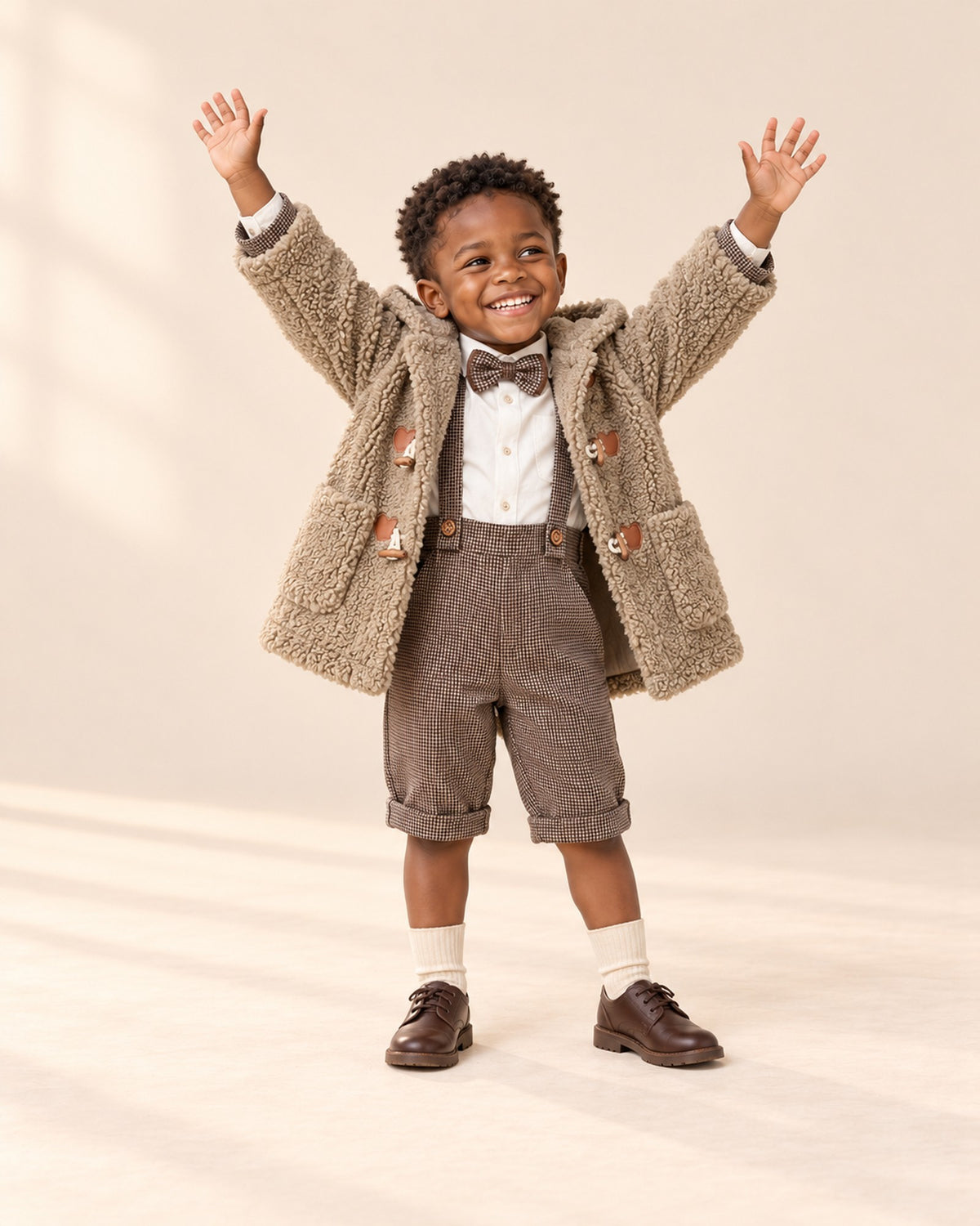Boy cheering with arms up in the houndstooth set and teddy coat – Brown Check