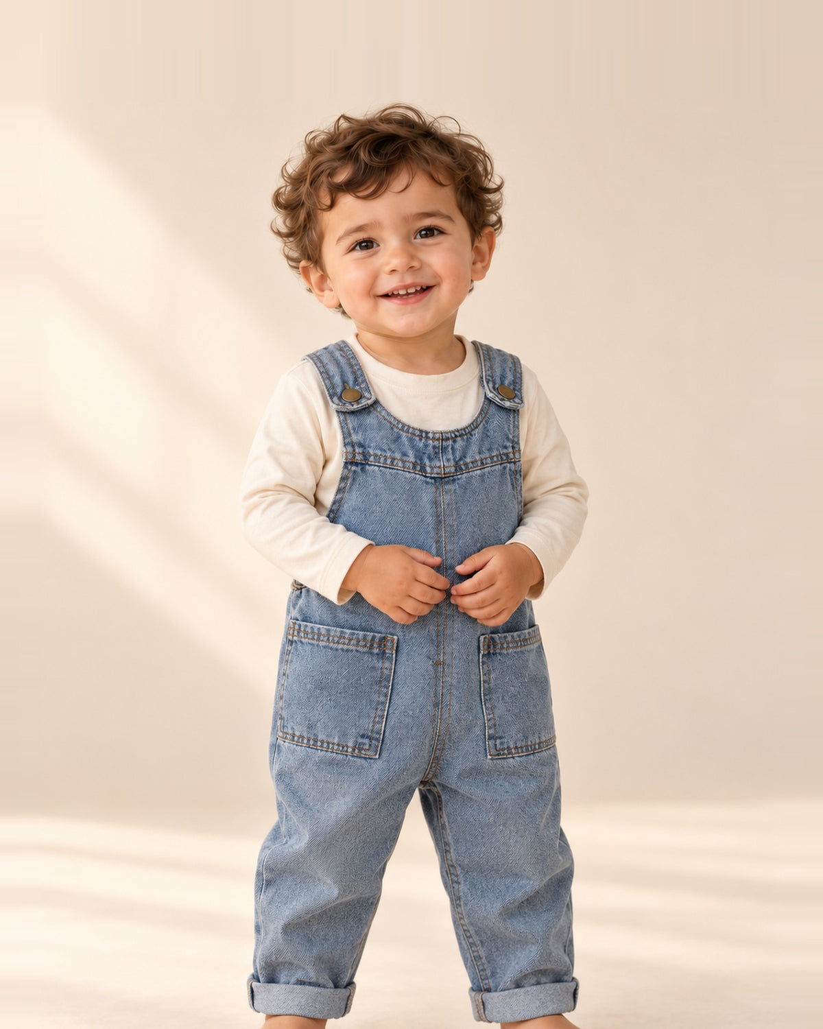 Toddler in the Rowan light-blue denim overalls over a cream tee – Light Denim