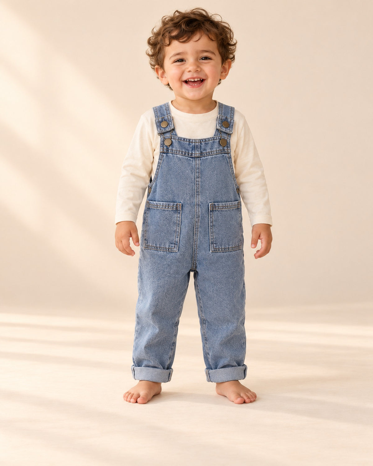 Front view of the vintage denim overalls – Light Denim