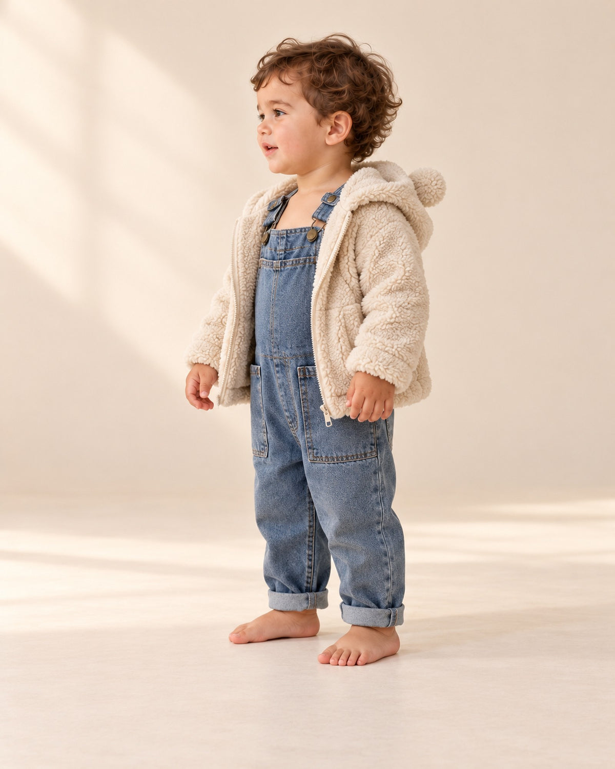Side view of the vintage denim overalls worn with the bear ear sherpa hooded jacket – Light Denim