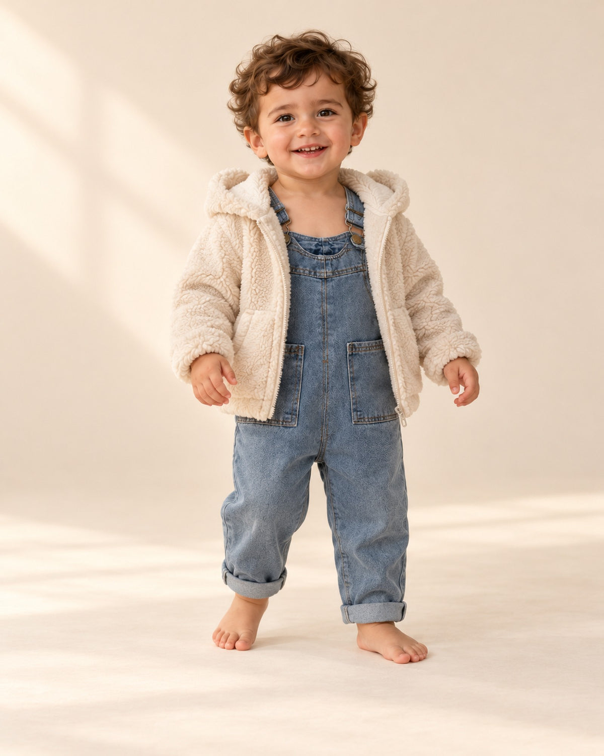 Toddler at play in the vintage denim overalls, styled with the bear ear sherpa hooded jacket – Light Denim
