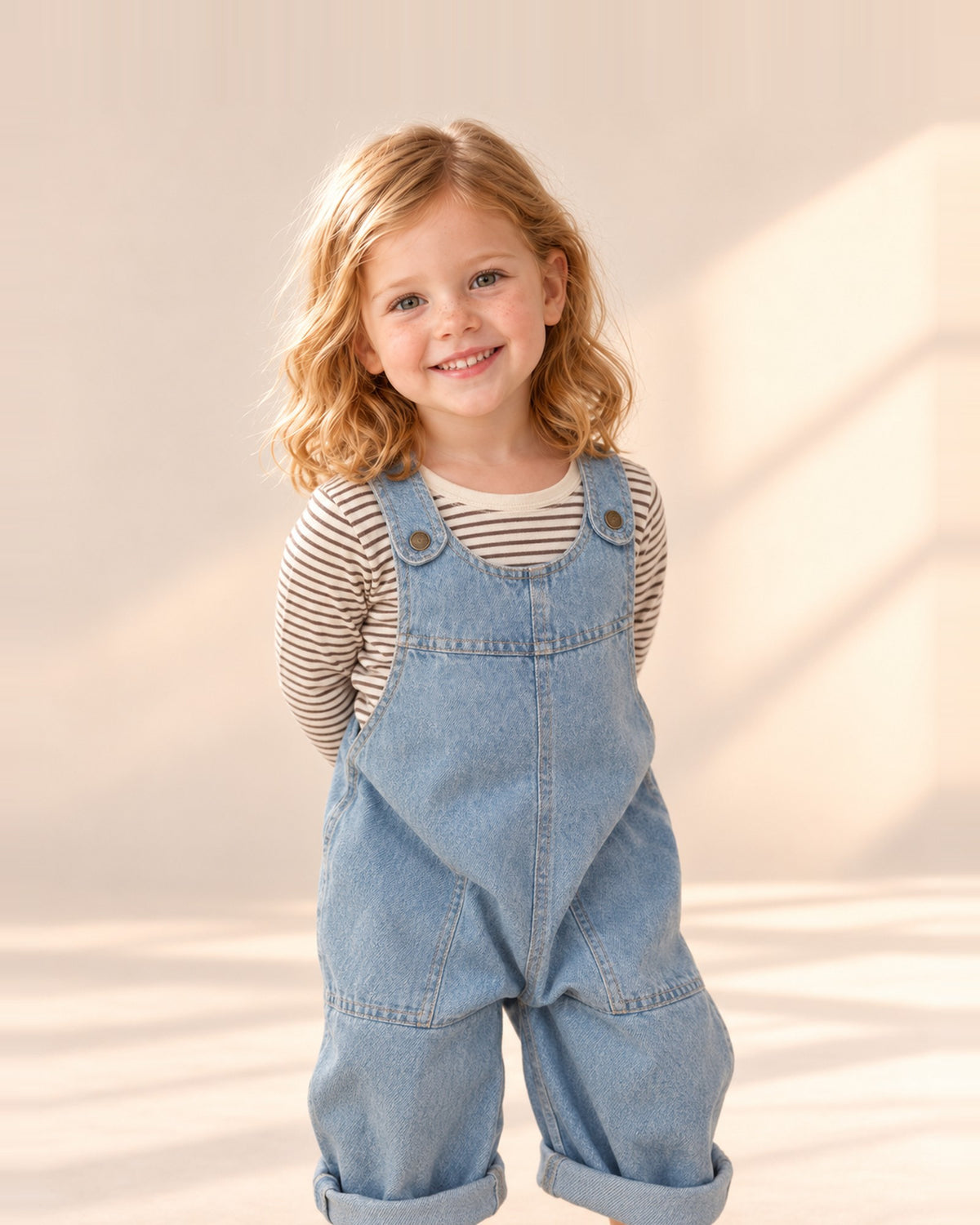Girl smiling in the Matilda light denim overalls and striped top – Light Denim