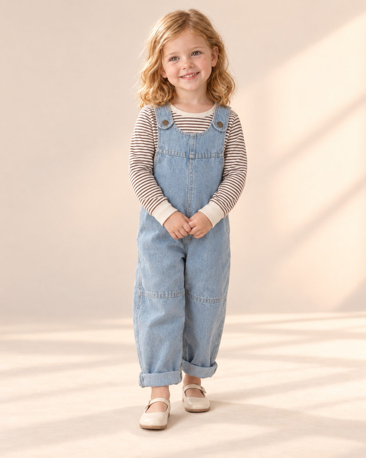 Front view of the denim overalls under an open teddy coat – Light Denim