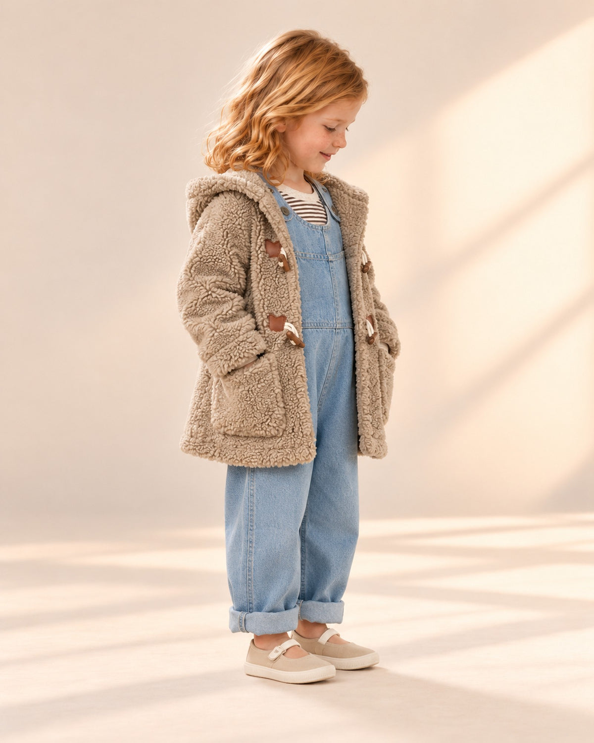 Side view of the overalls and coat, showing the rolled cuffs – Light Denim