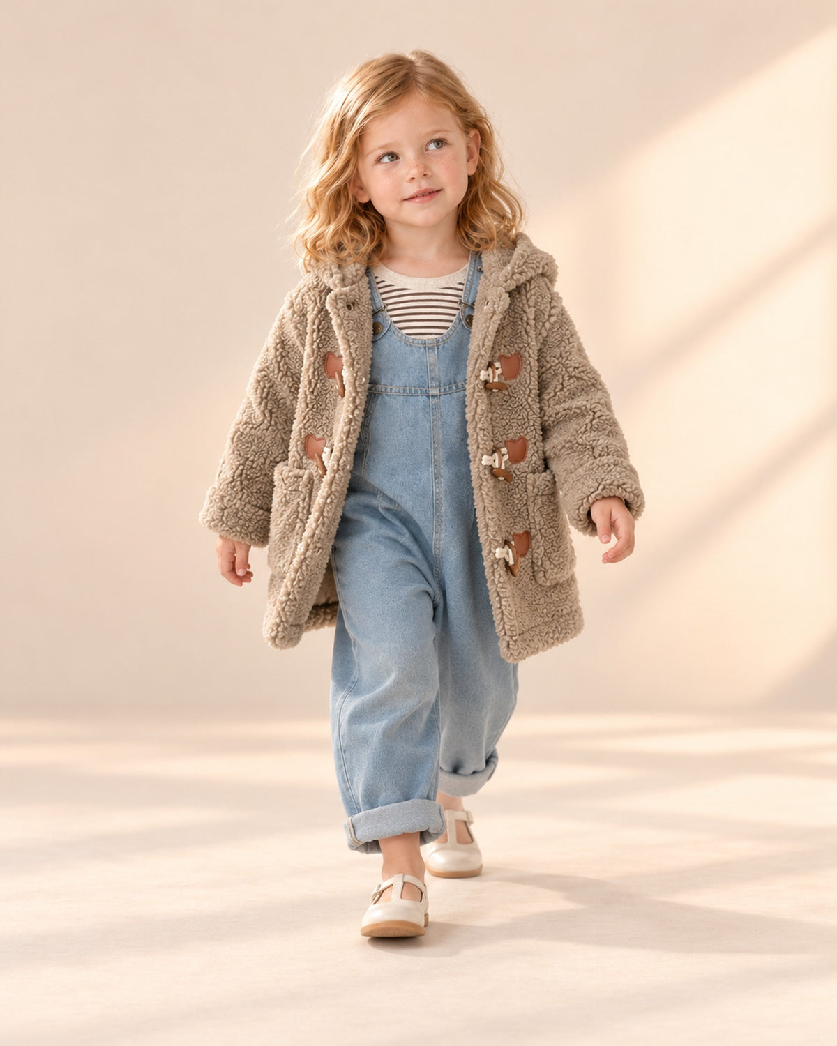 Girl walking in the denim overalls and teddy coat – Light Denim