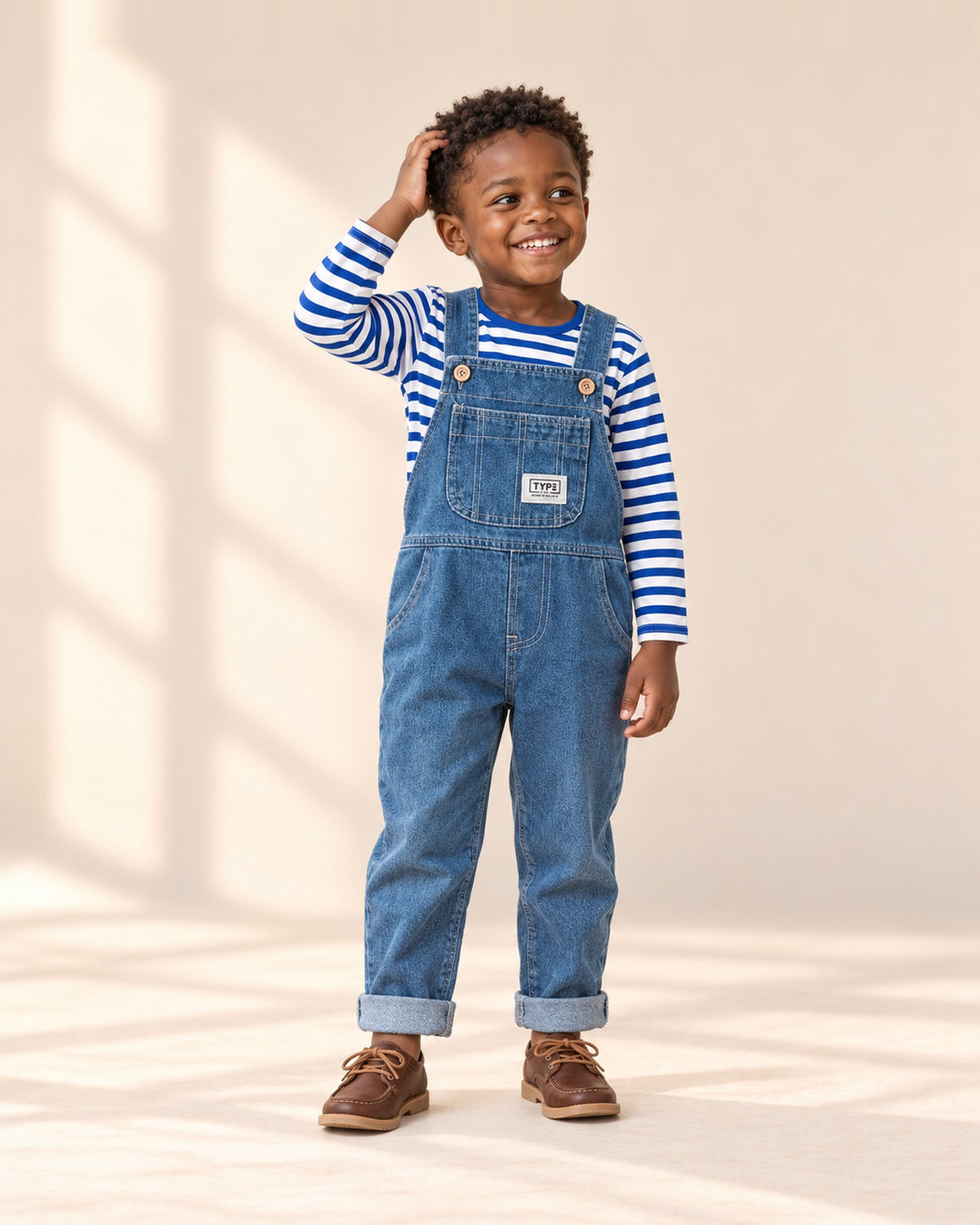 Front view of a child in mid-wash denim overalls over a blue and white Breton stripe tee, full length – Mid Wash