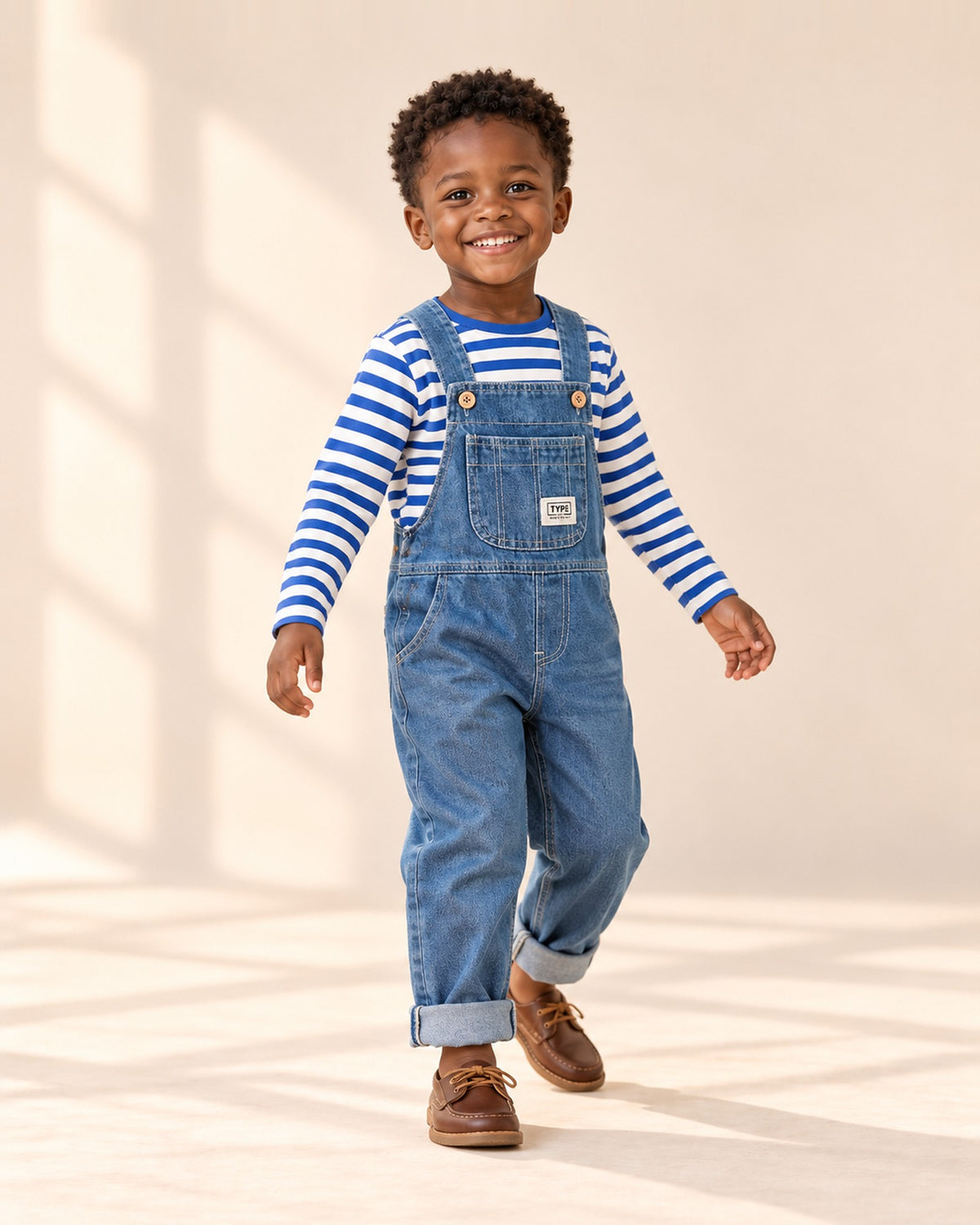 Child in the classic denim overalls and Breton stripe tee, head to toe – Mid Wash