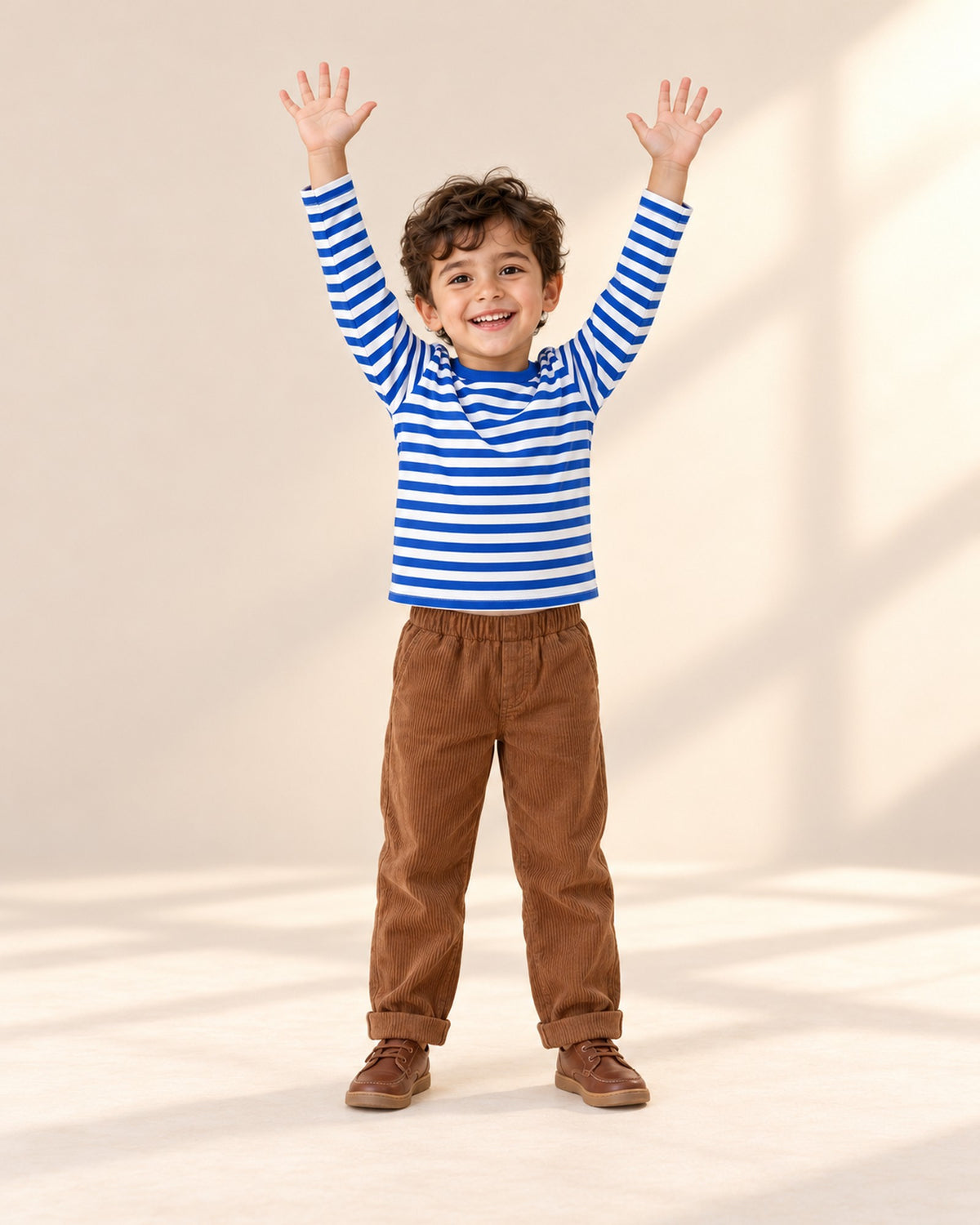 Boy with arms up in the brown corduroy pants and striped tee – Brown