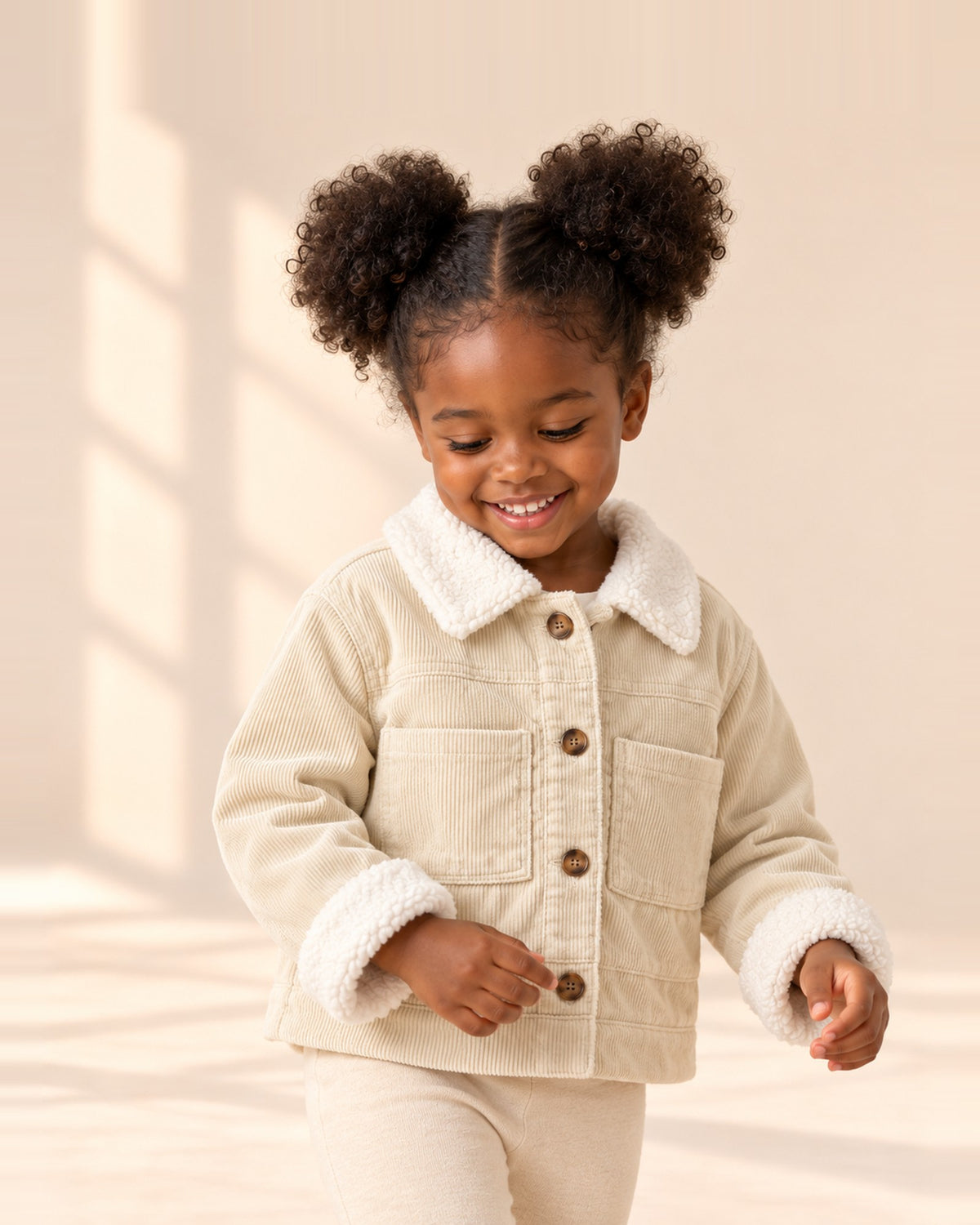 Girl smiling in the Lottie cream corduroy jacket with a sherpa collar – Cream
