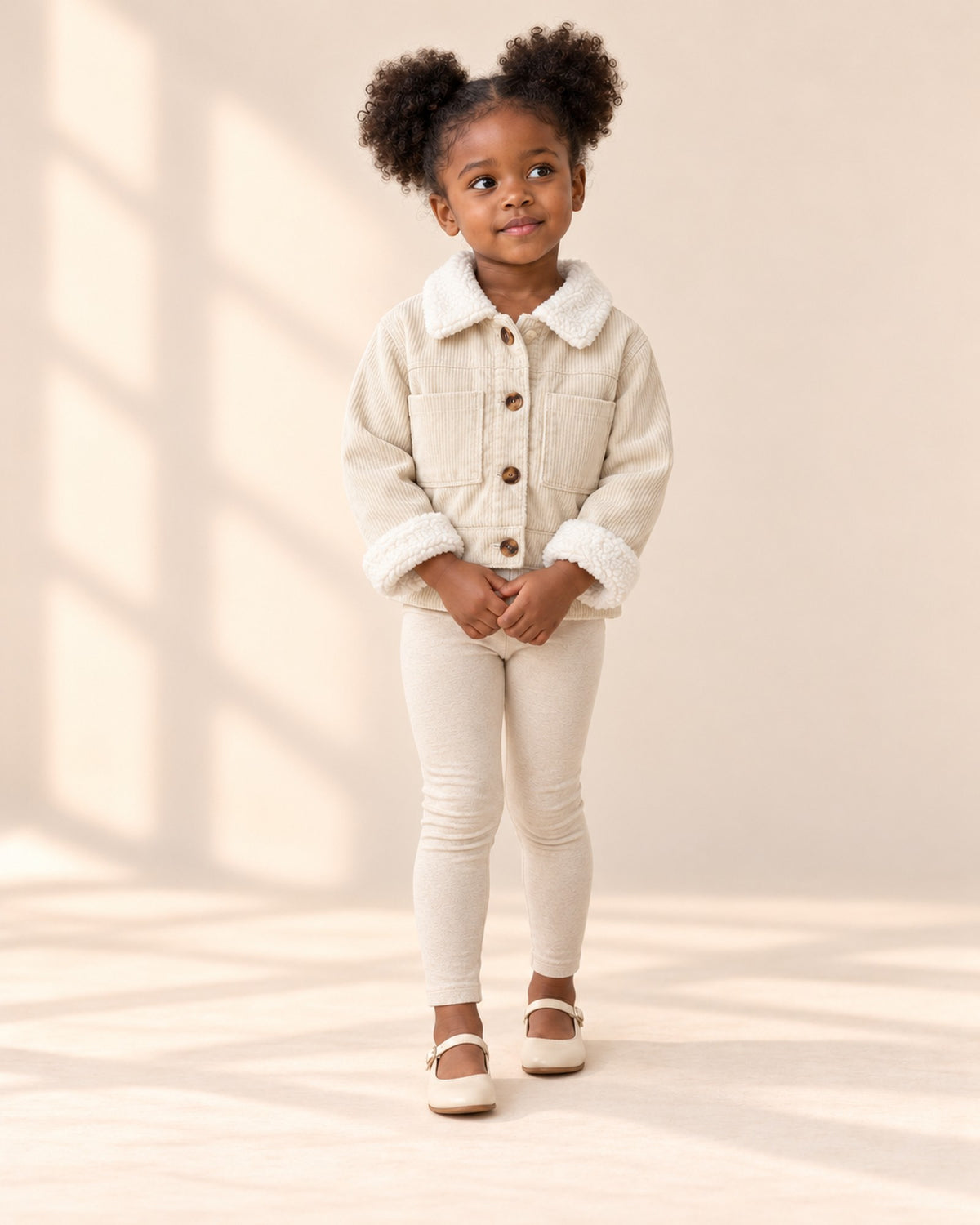 Full-length front view of the cream corduroy sherpa jacket – Cream