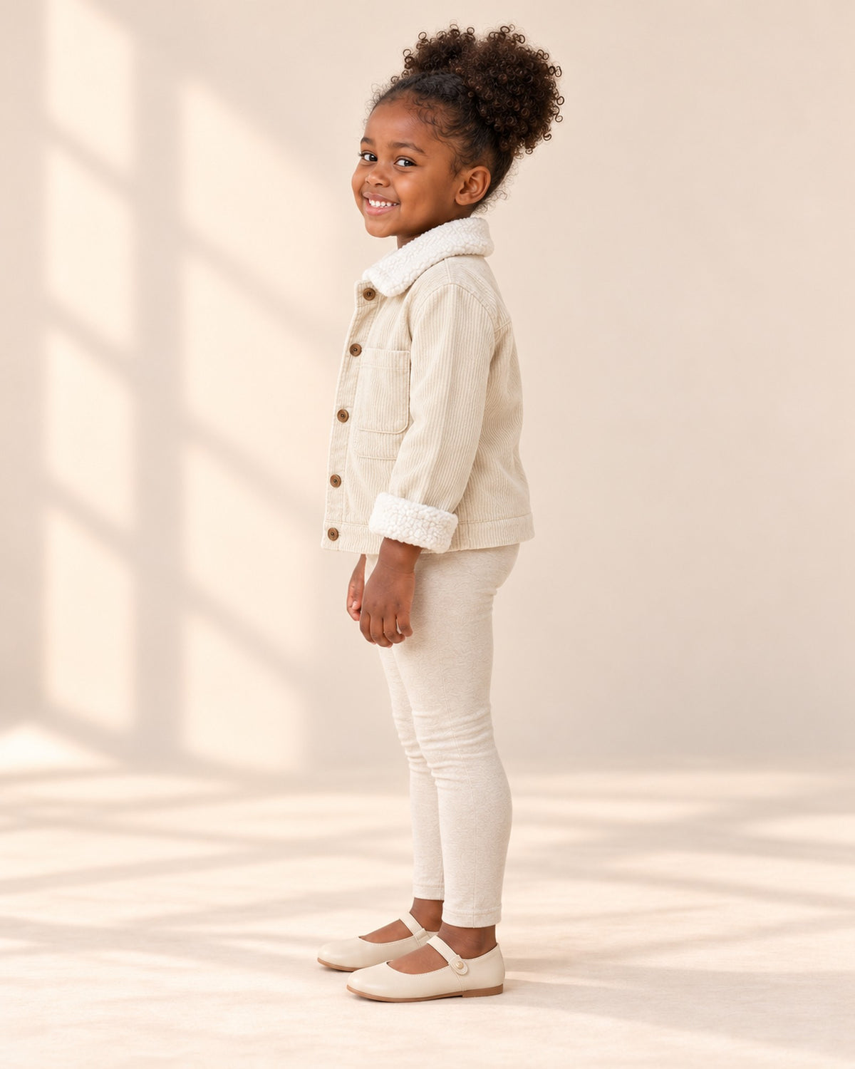 Side view of the cream corduroy sherpa jacket – Cream