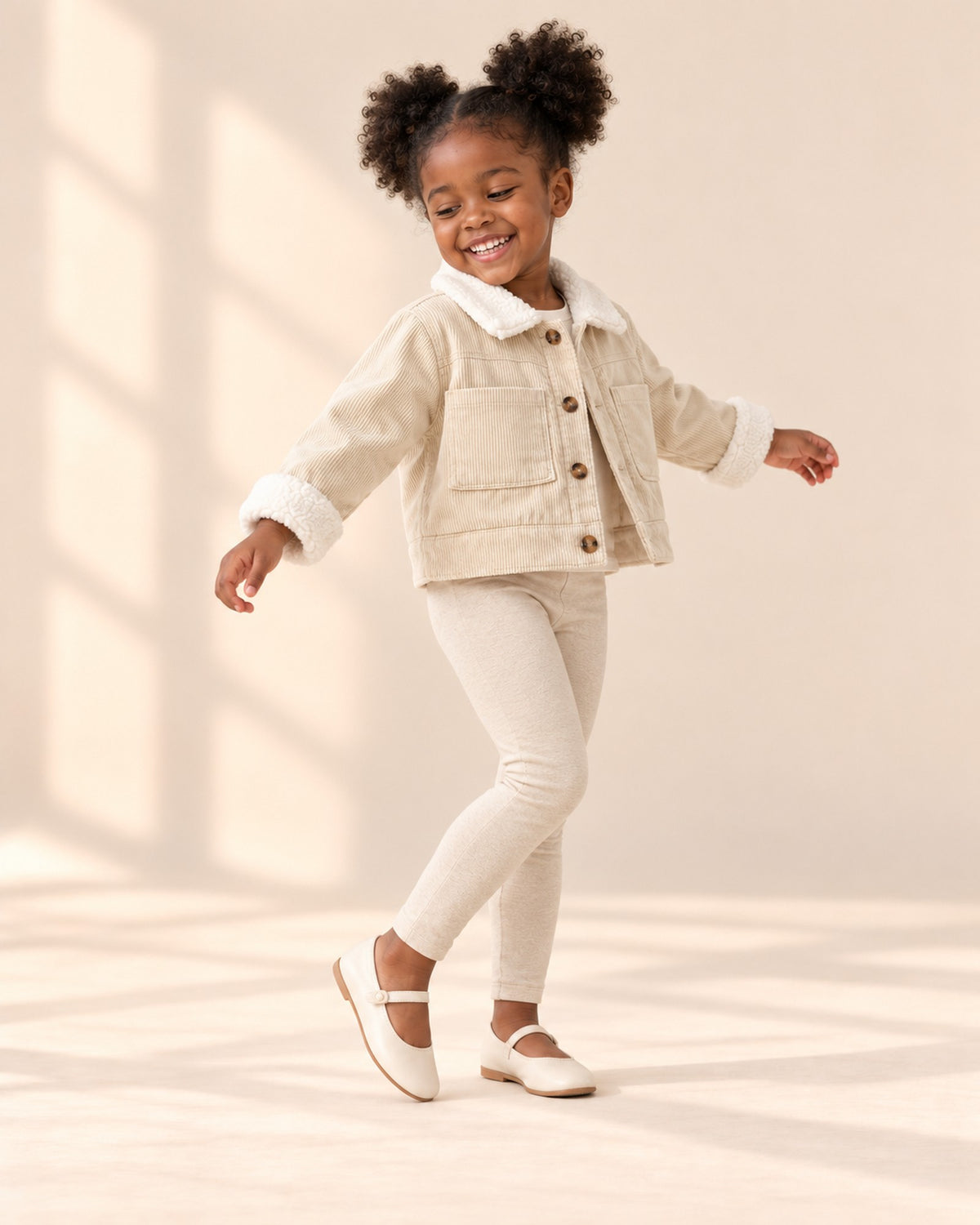 Girl at play in the cream corduroy sherpa jacket – Cream